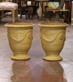 Pair of French Handmade Yellow Glazed Terracotta Anduze Planters by La Madeleine