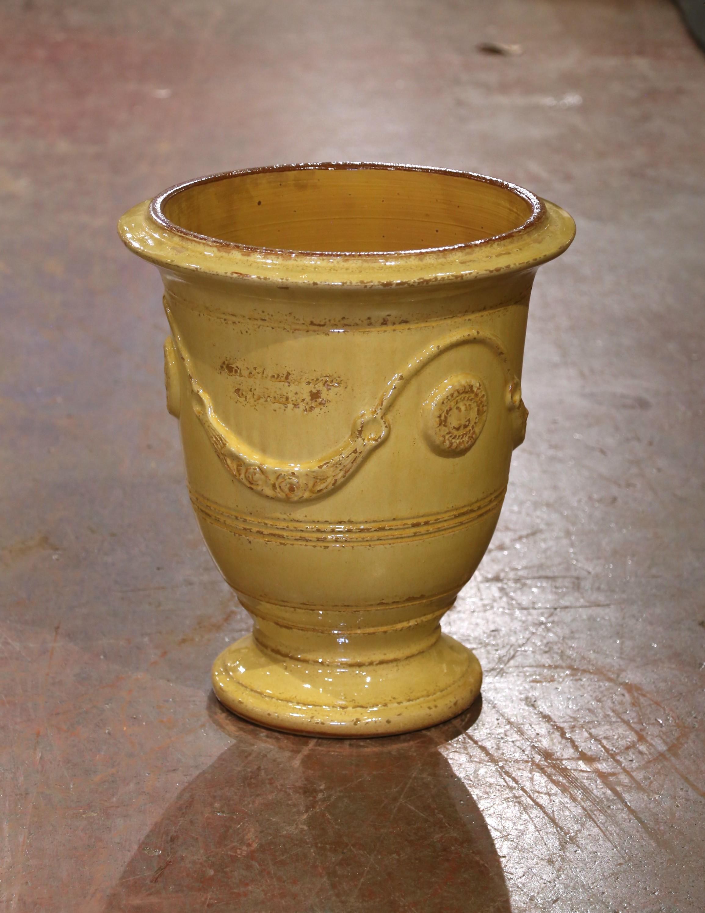 Neoclassical Pair of French Handmade Yellow Glazed Terracotta Anduze Planters by La Madeleine For Sale