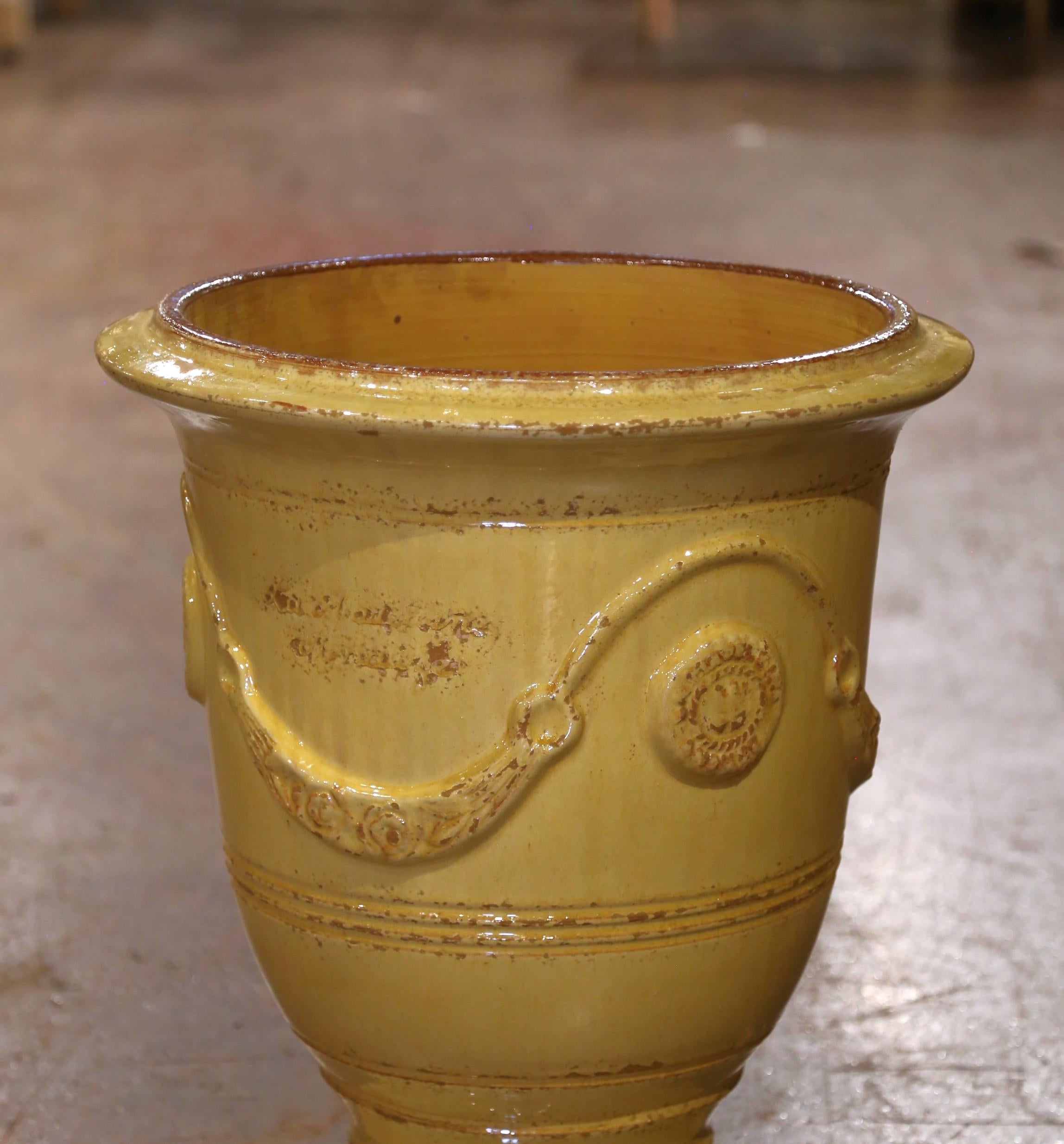 Pair of French Handmade Yellow Glazed Terracotta Anduze Planters by La Madeleine In Excellent Condition For Sale In Dallas, TX