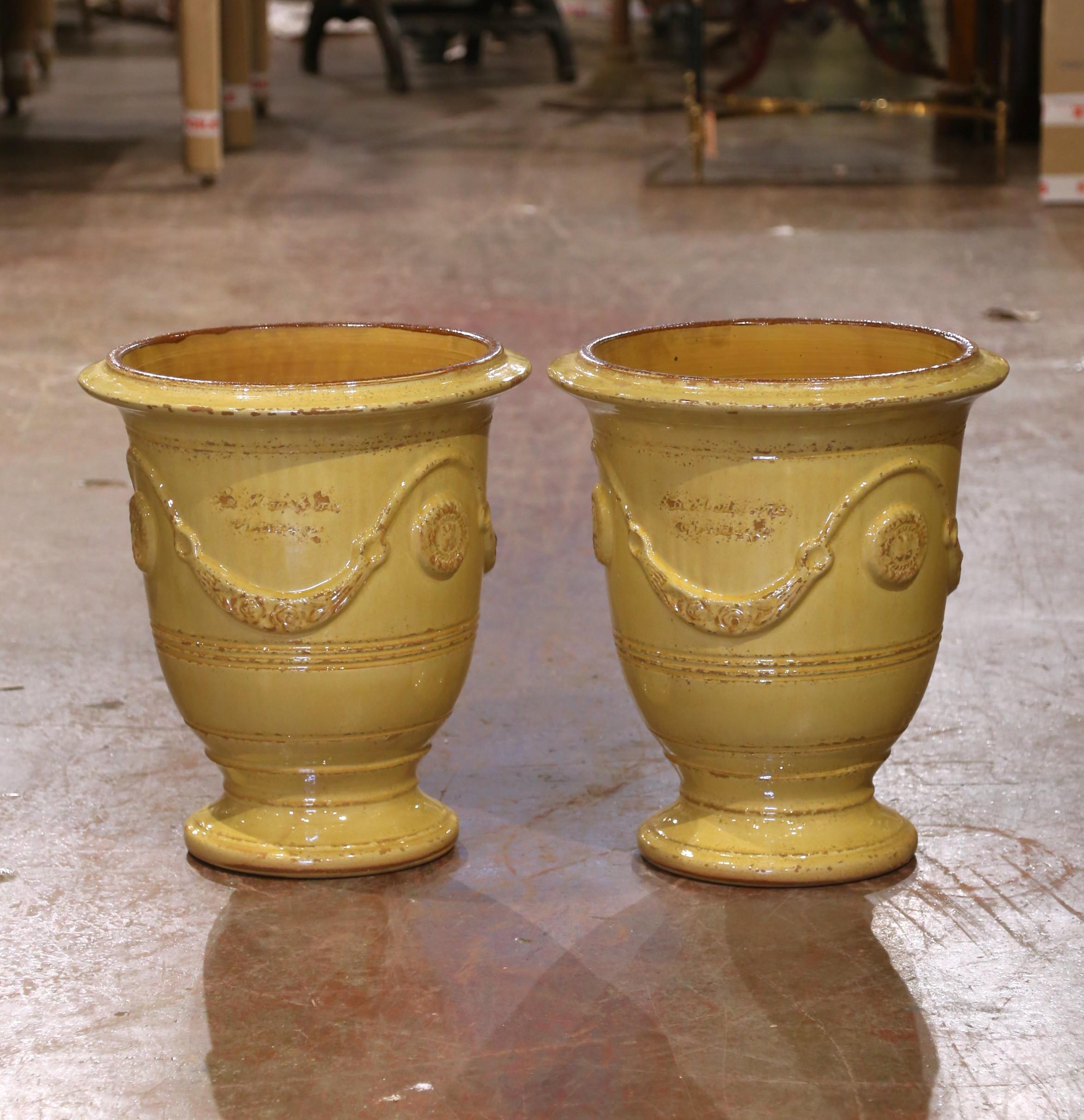 Contemporary Pair of French Handmade Yellow Glazed Terracotta Anduze Planters by La Madeleine For Sale