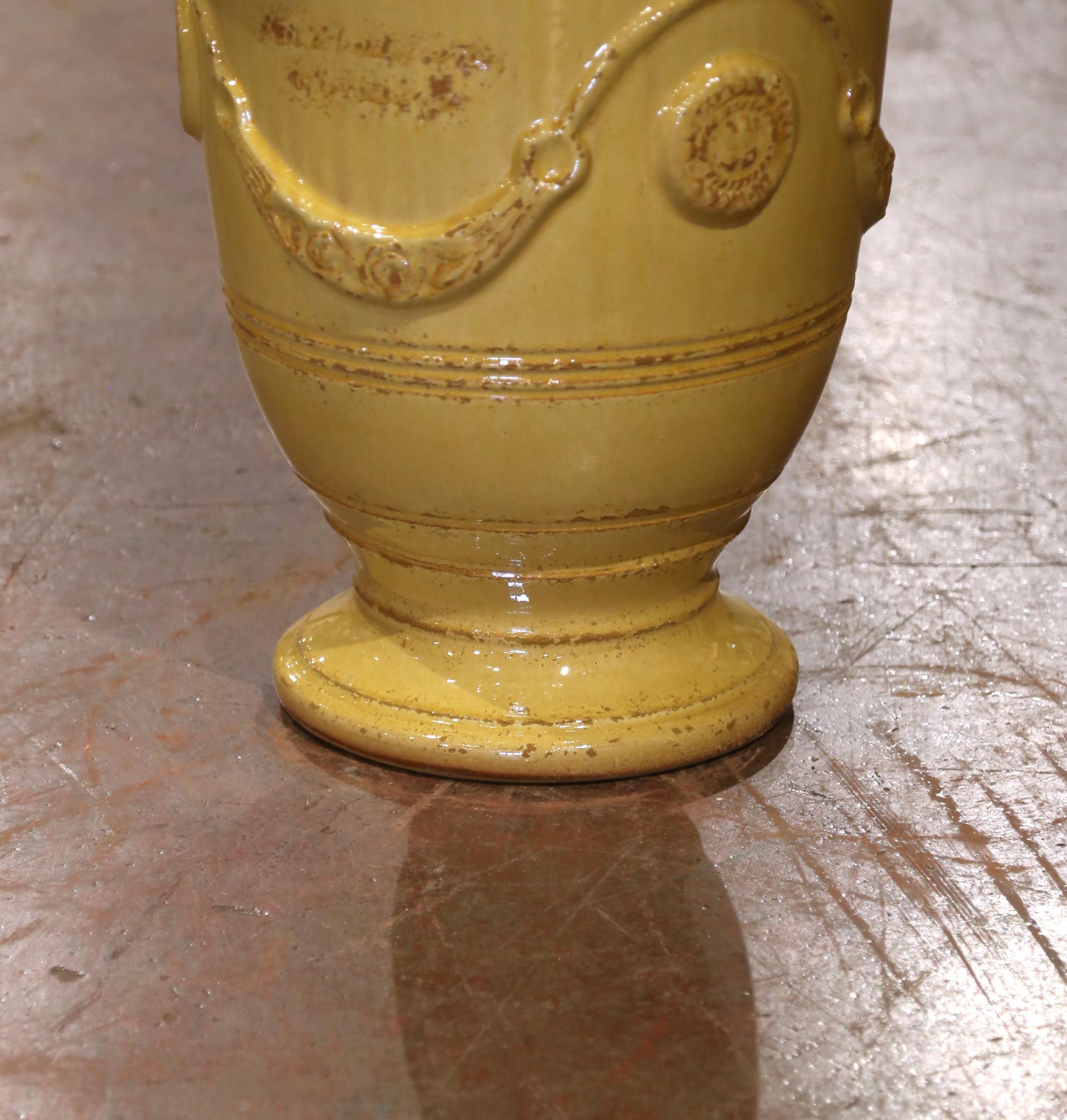 Pair of French Handmade Yellow Glazed Terracotta Anduze Planters by La Madeleine For Sale 1