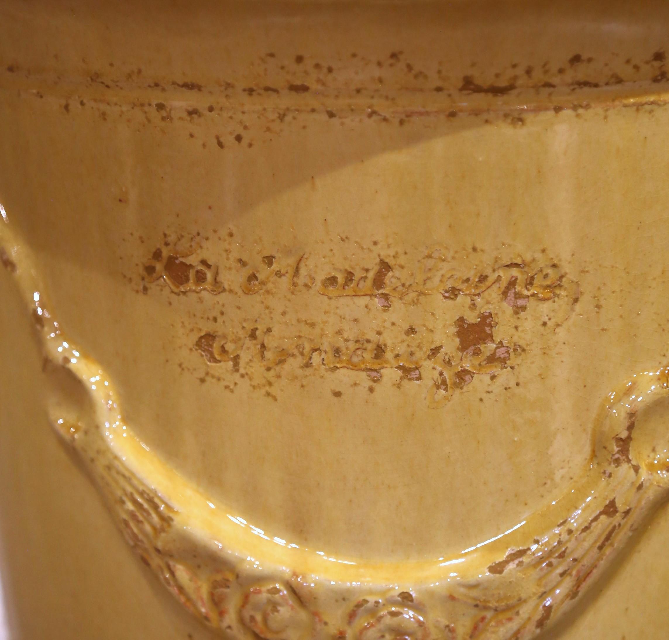 Pair of French Handmade Yellow Glazed Terracotta Anduze Planters by La Madeleine For Sale 2
