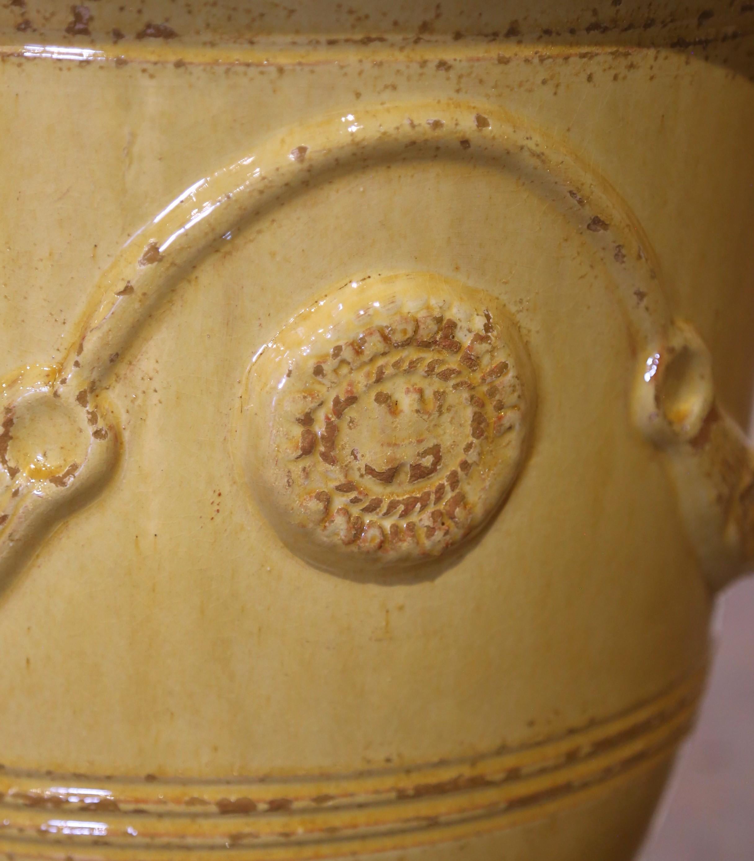 Pair of French Handmade Yellow Glazed Terracotta Anduze Planters by La Madeleine For Sale 3