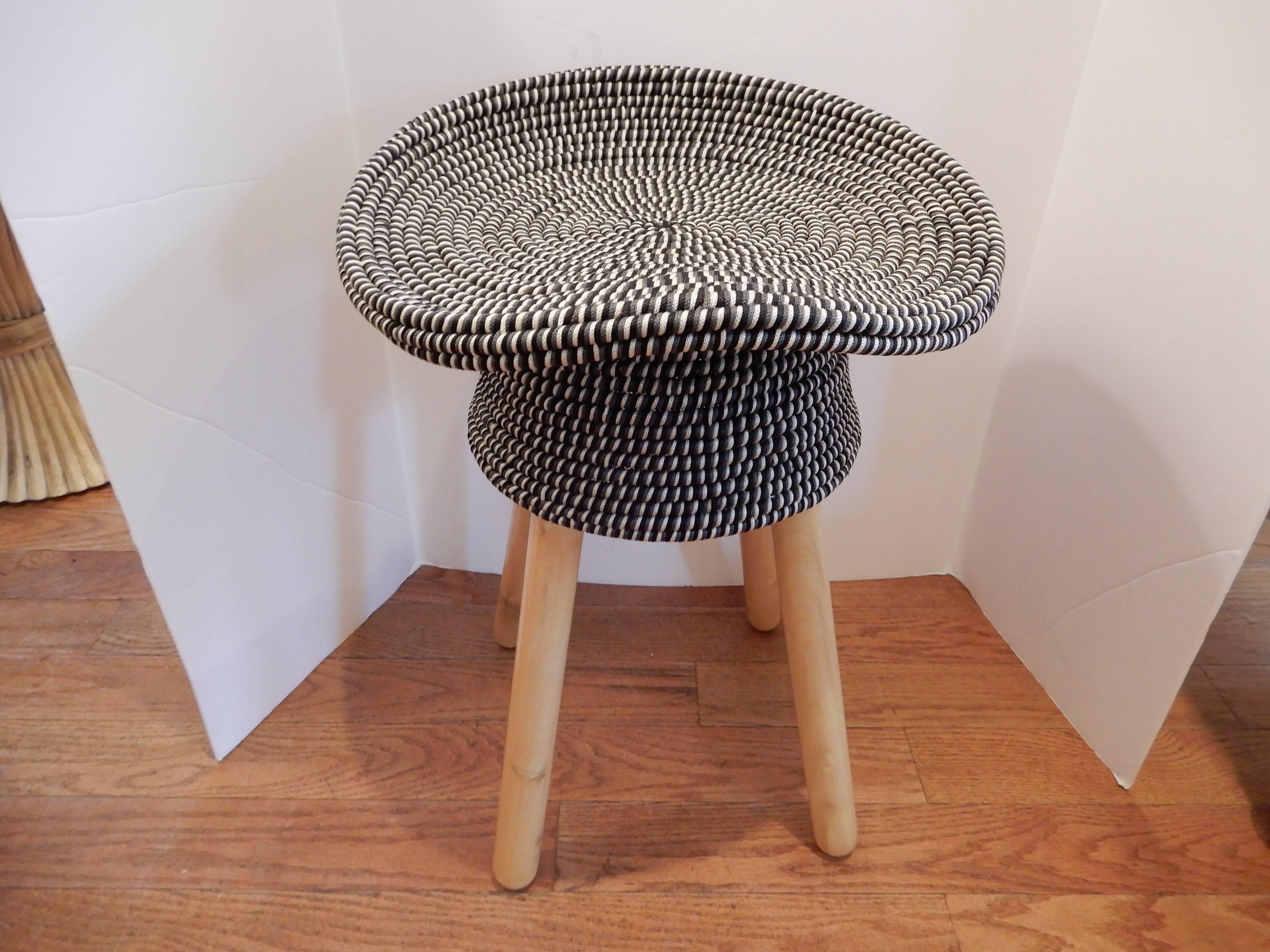 Pair of French hat stools, blue and white corded or woven nylon(strong) washable. Four available.
Very comfortable and strong.