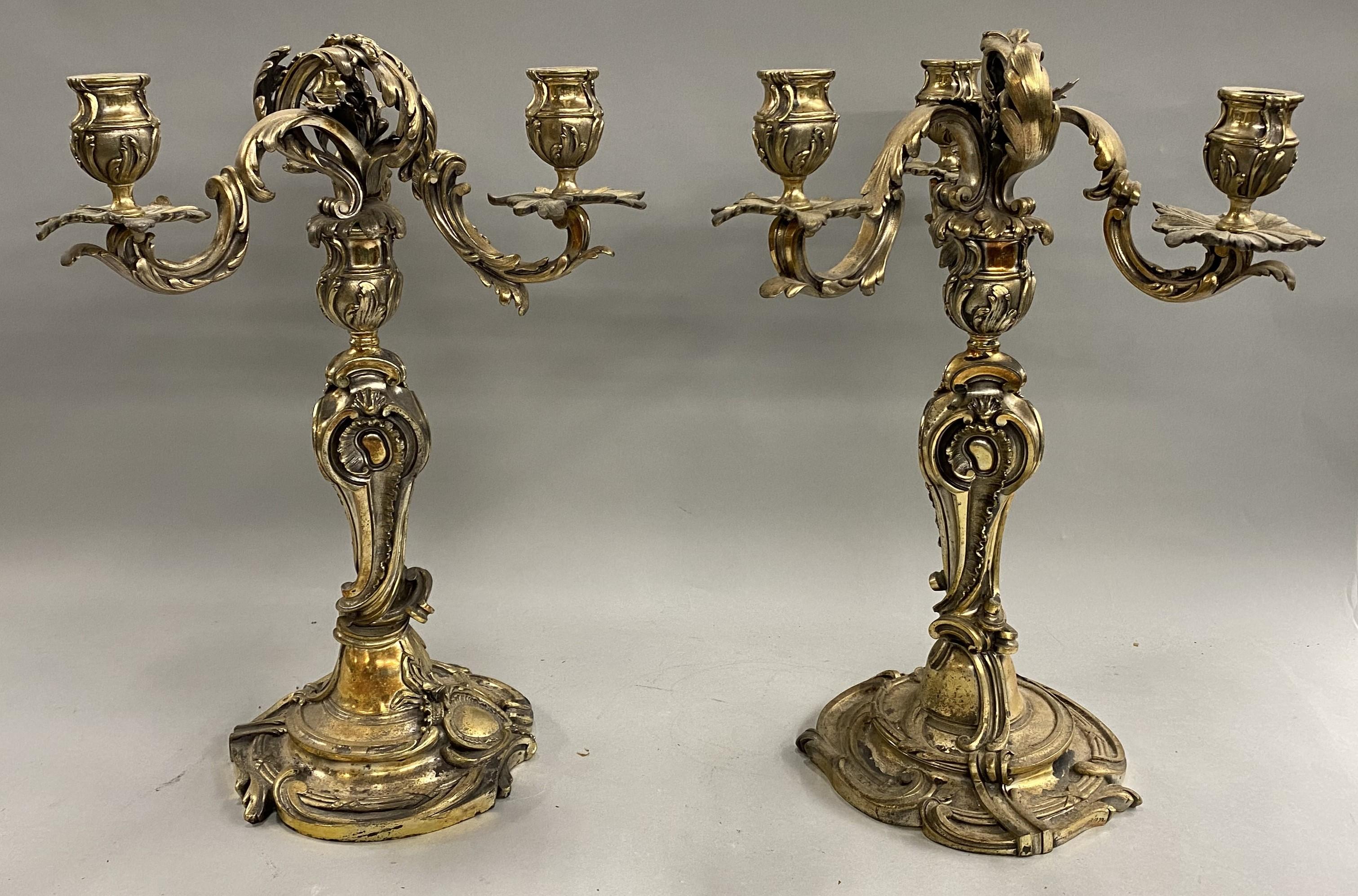 Rococo Revival Pair of French Henry Dasson et Cie Gilt Bronze Three-Light Candelabra circa 1892 For Sale