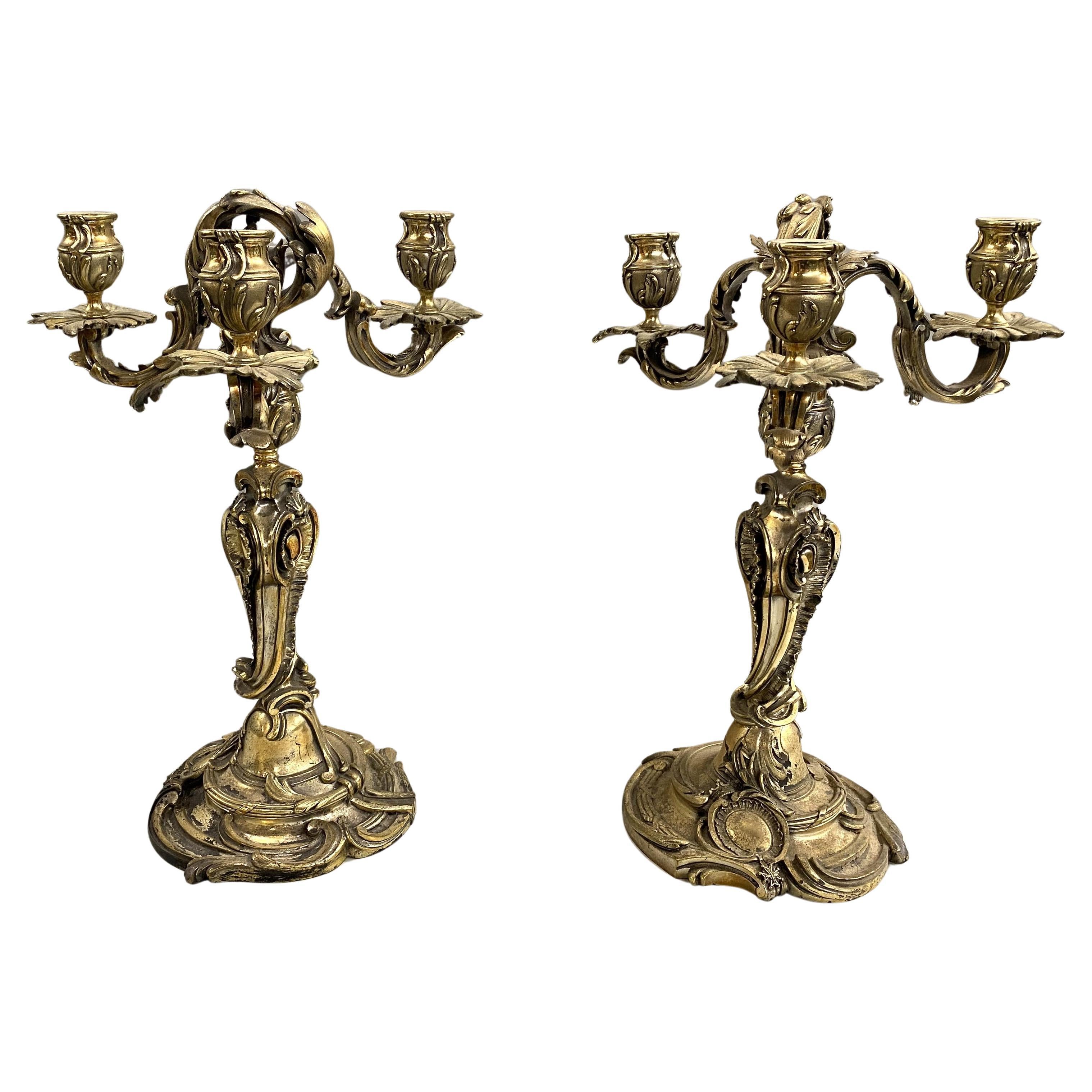 Pair of French Henry Dasson et Cie Gilt Bronze Three-Light Candelabra circa 1892 For Sale