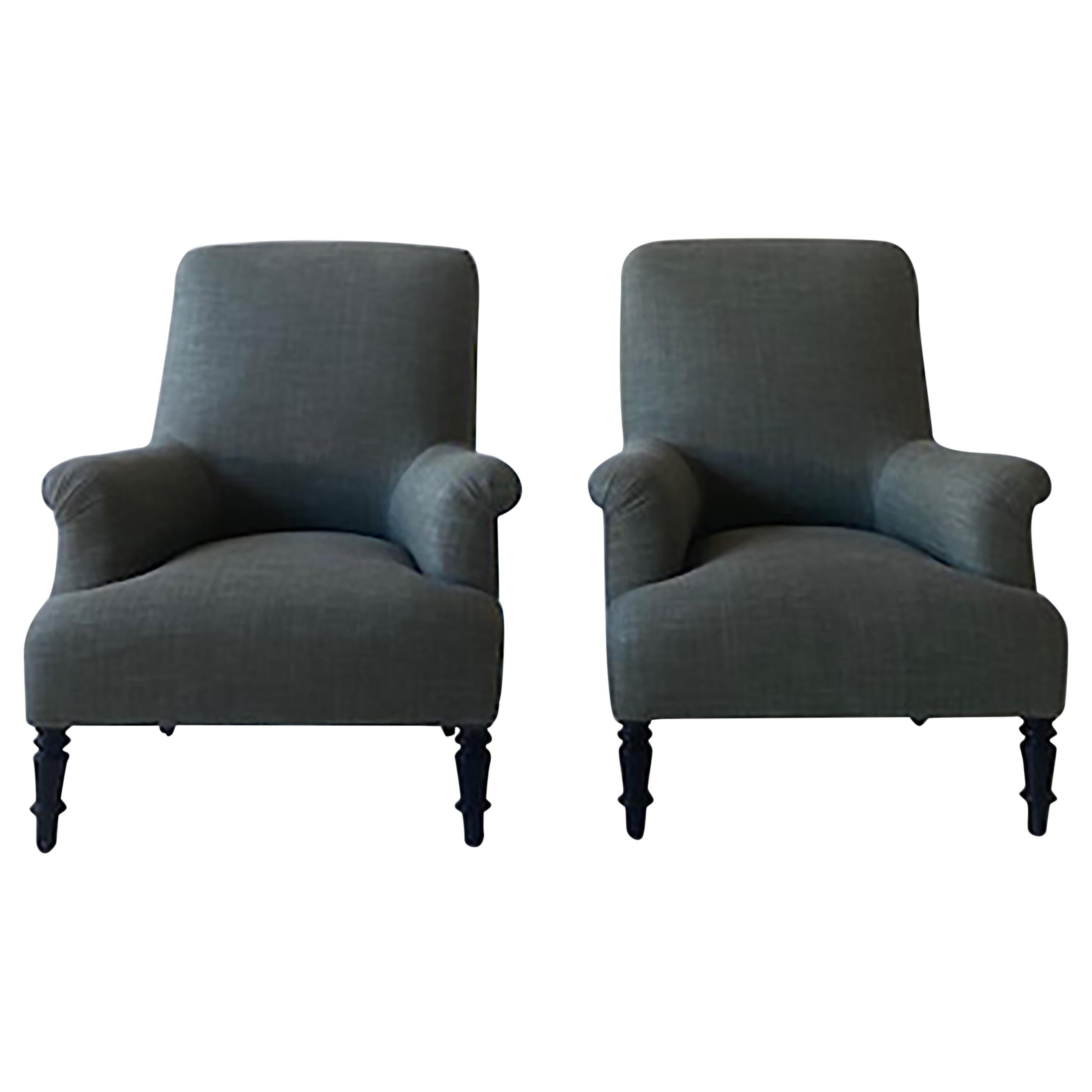 Pair of French High Back Club Chairs