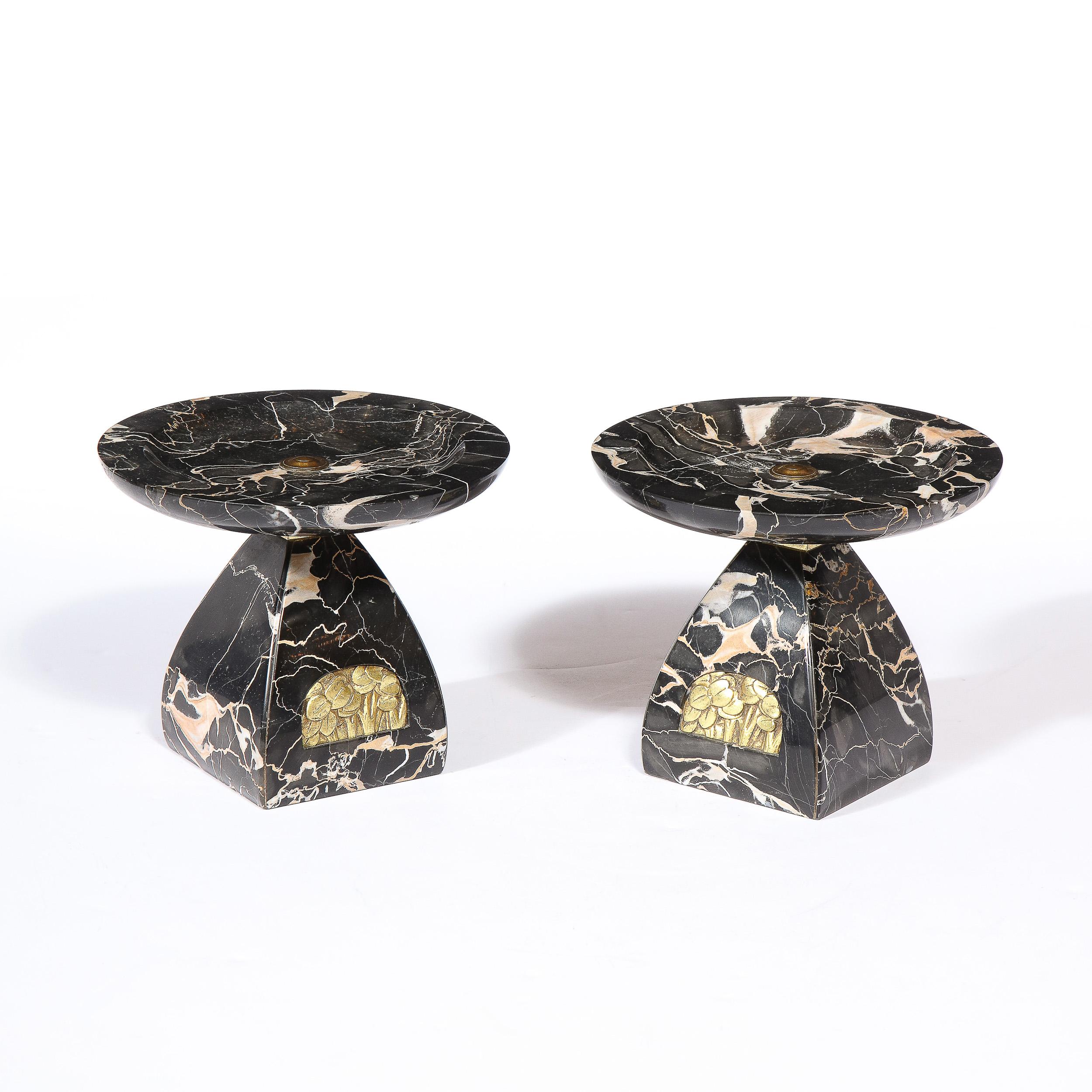 Pair of French High Style Art Deco Exotic Marble Tazzas with Foliate Detailing In Excellent Condition In New York, NY
