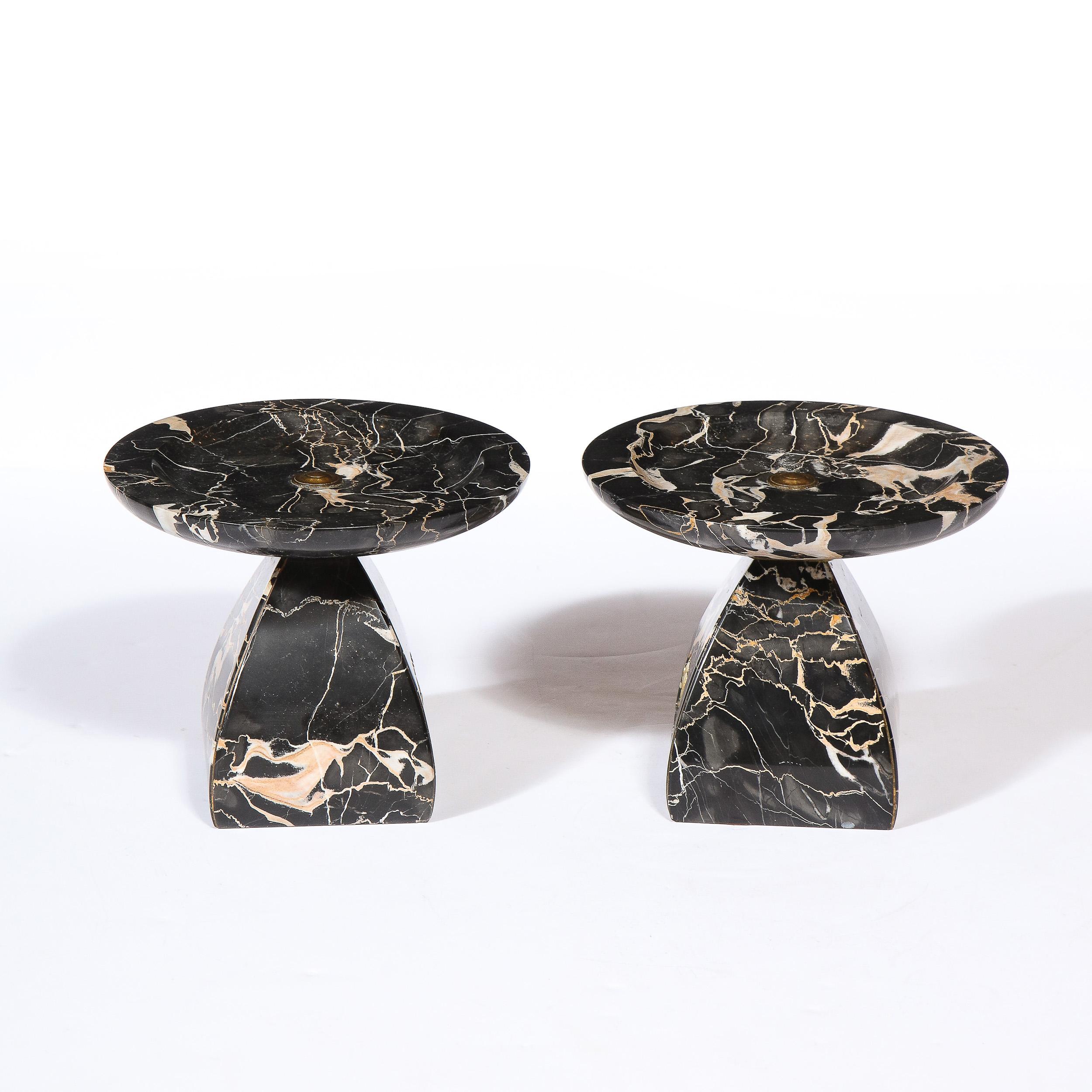Pair of French High Style Art Deco Exotic Marble Tazzas with Foliate Detailing 2