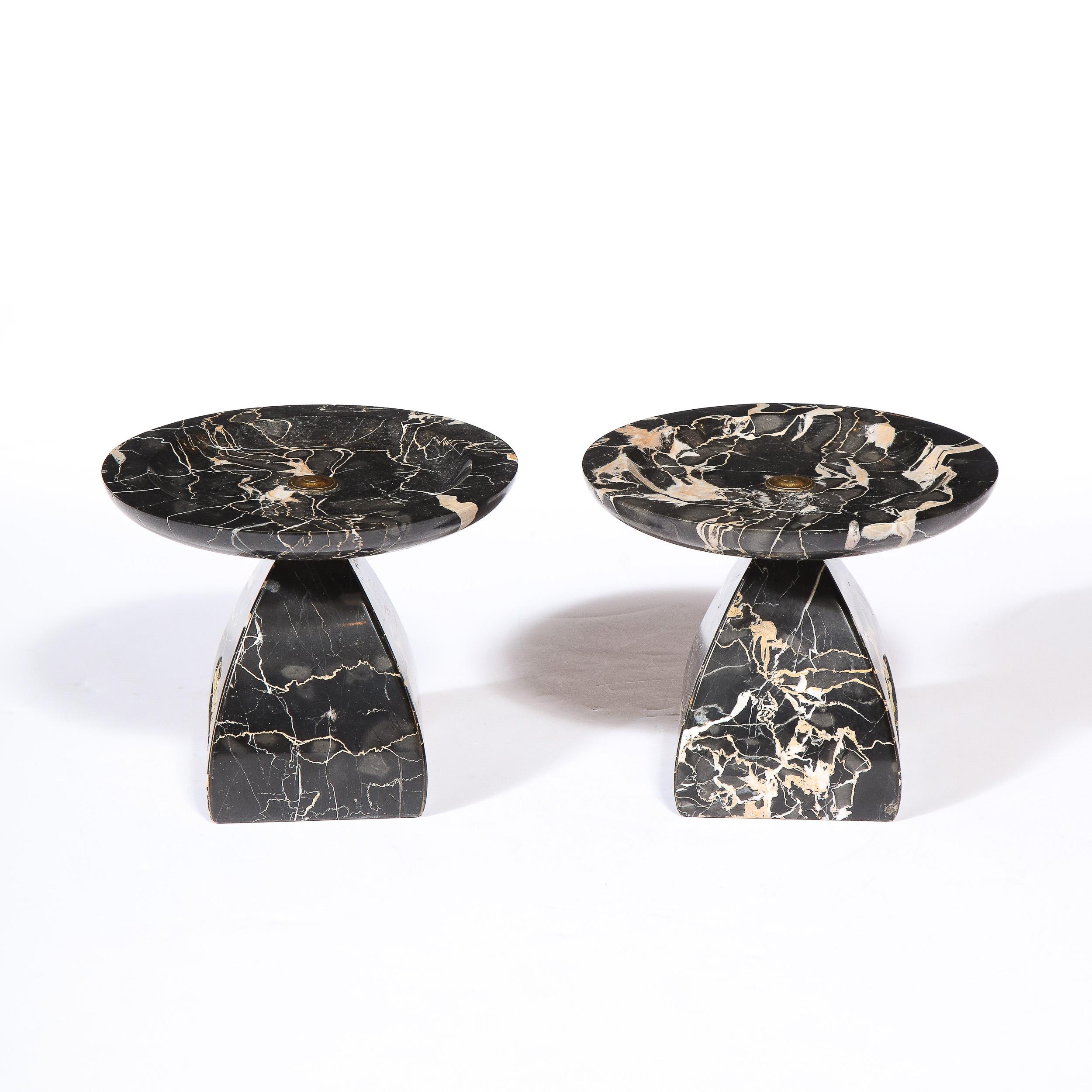 Pair of French High Style Art Deco Exotic Marble Tazzas with Foliate Detailing 4
