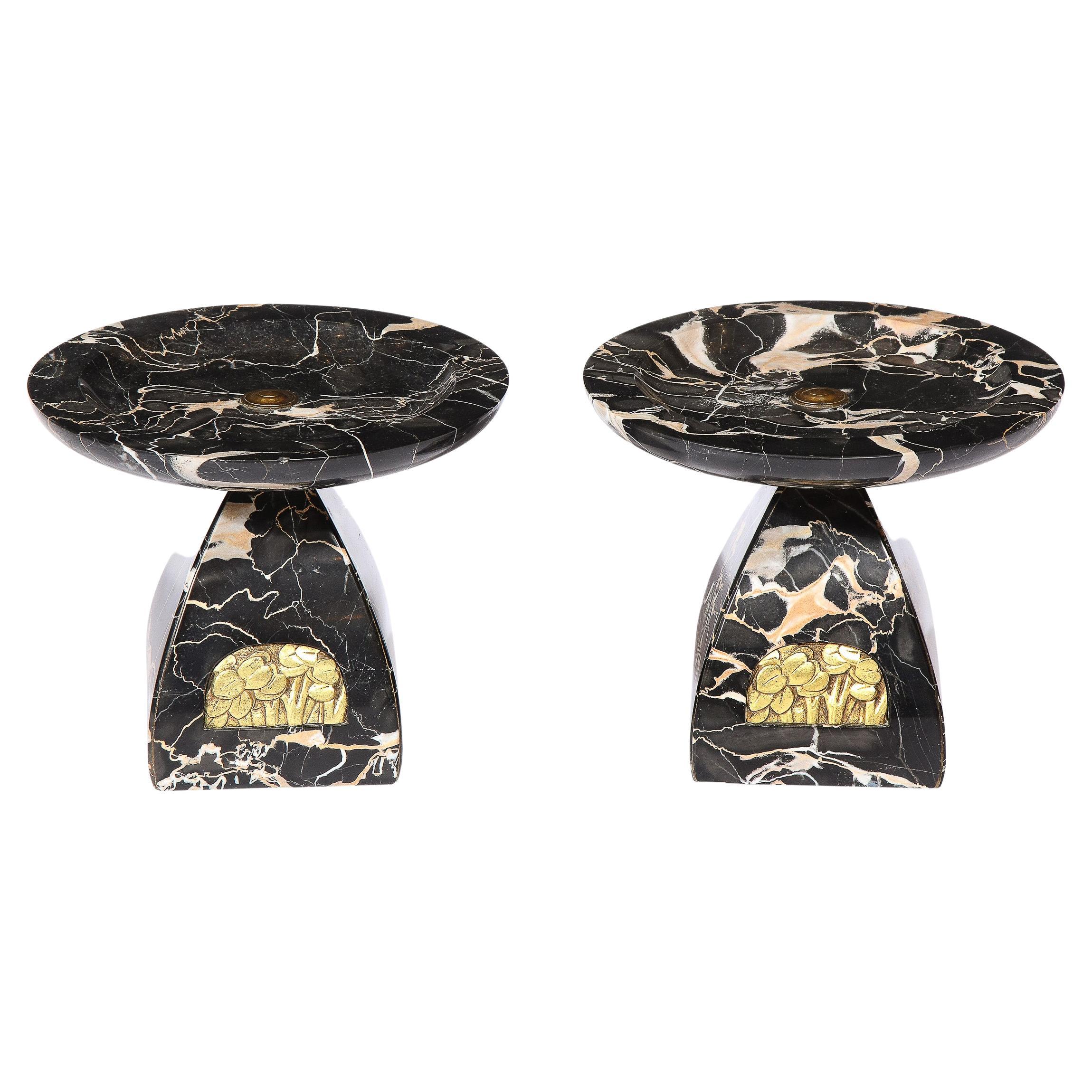 Pair of French High Style Art Deco Exotic Marble Tazzas with Foliate Detailing