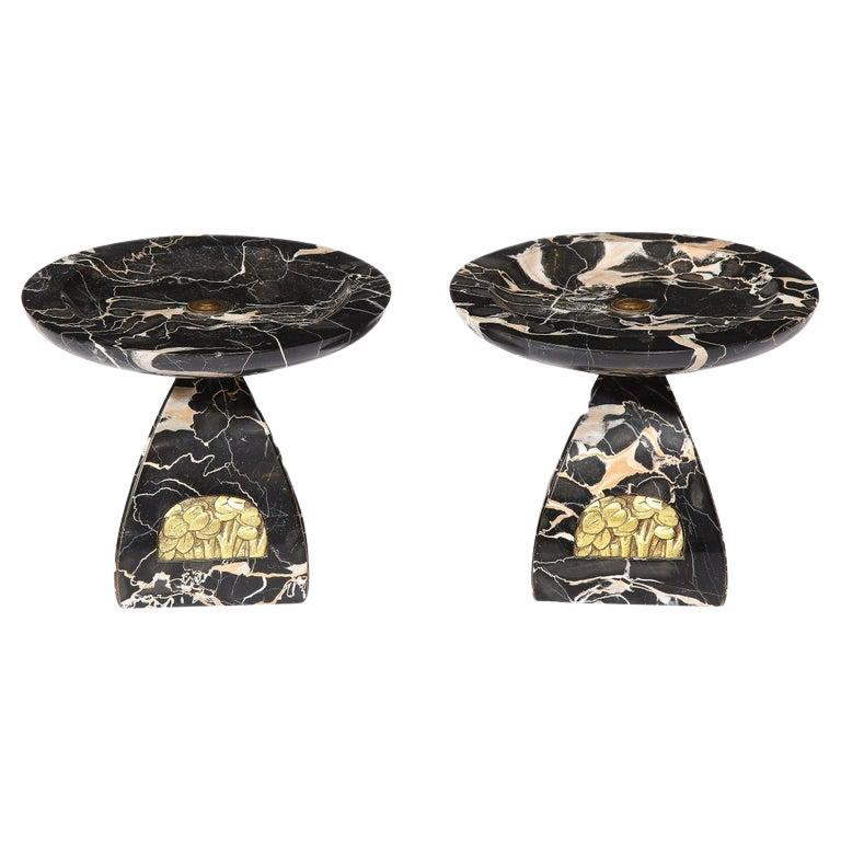 Pair of French High Style Art Deco Exotic Marble Tazzas with Foliate Detailing in vendita