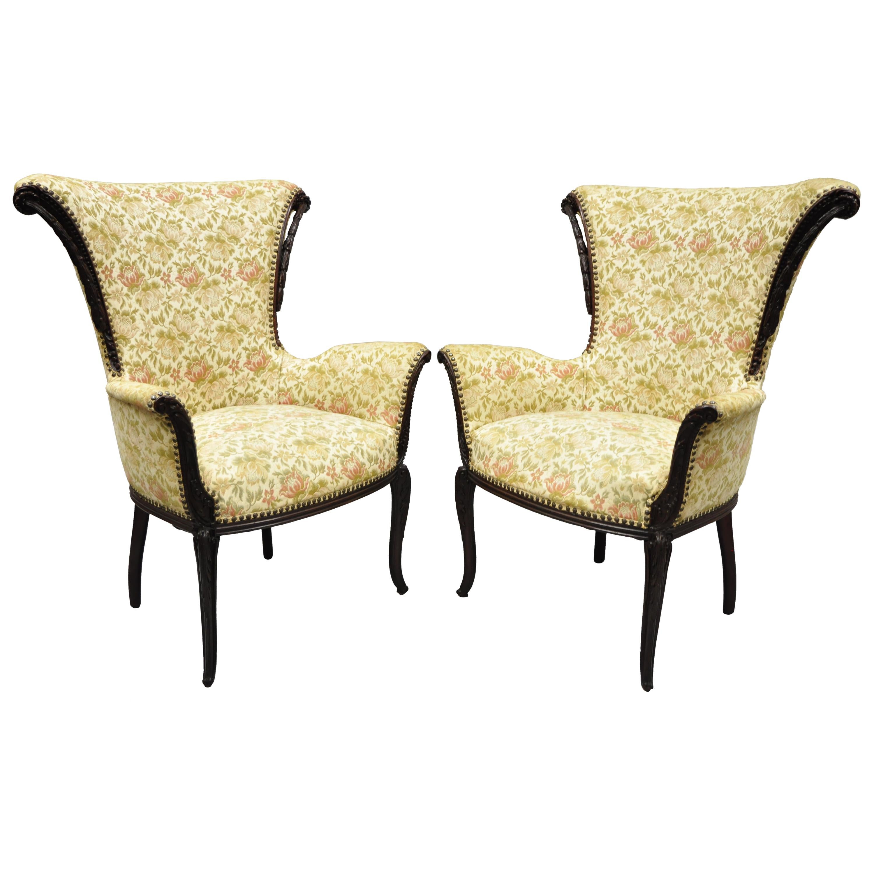 Pair of French Hollywood Regency Carved Mahogany Fireside Lounge Armchairs