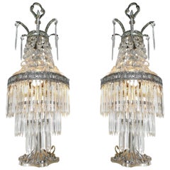 Pair of French Hollywood Regency Empire Silver Nickel & Crystal Table Lamps 1920