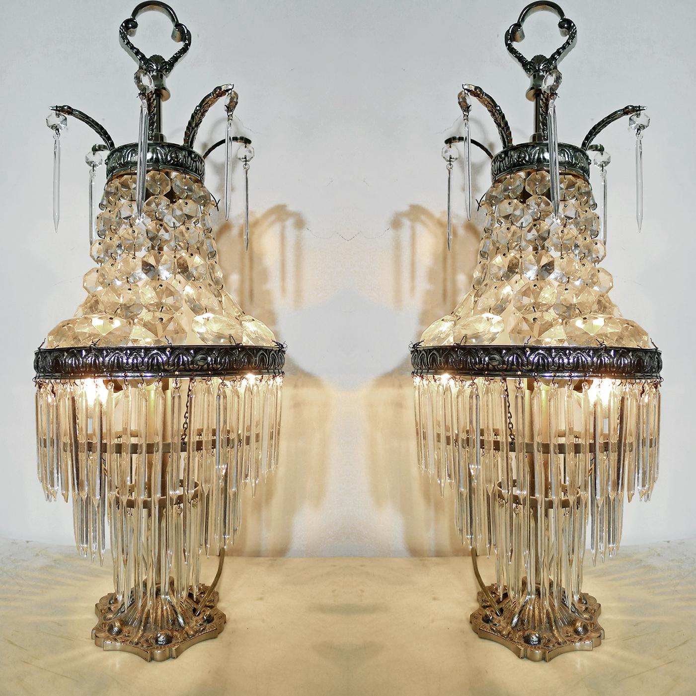 Pair of French Hollywood Regency Empire Silver Nickel & Crystal Table Lamps 1920 In Good Condition For Sale In Coimbra, PT