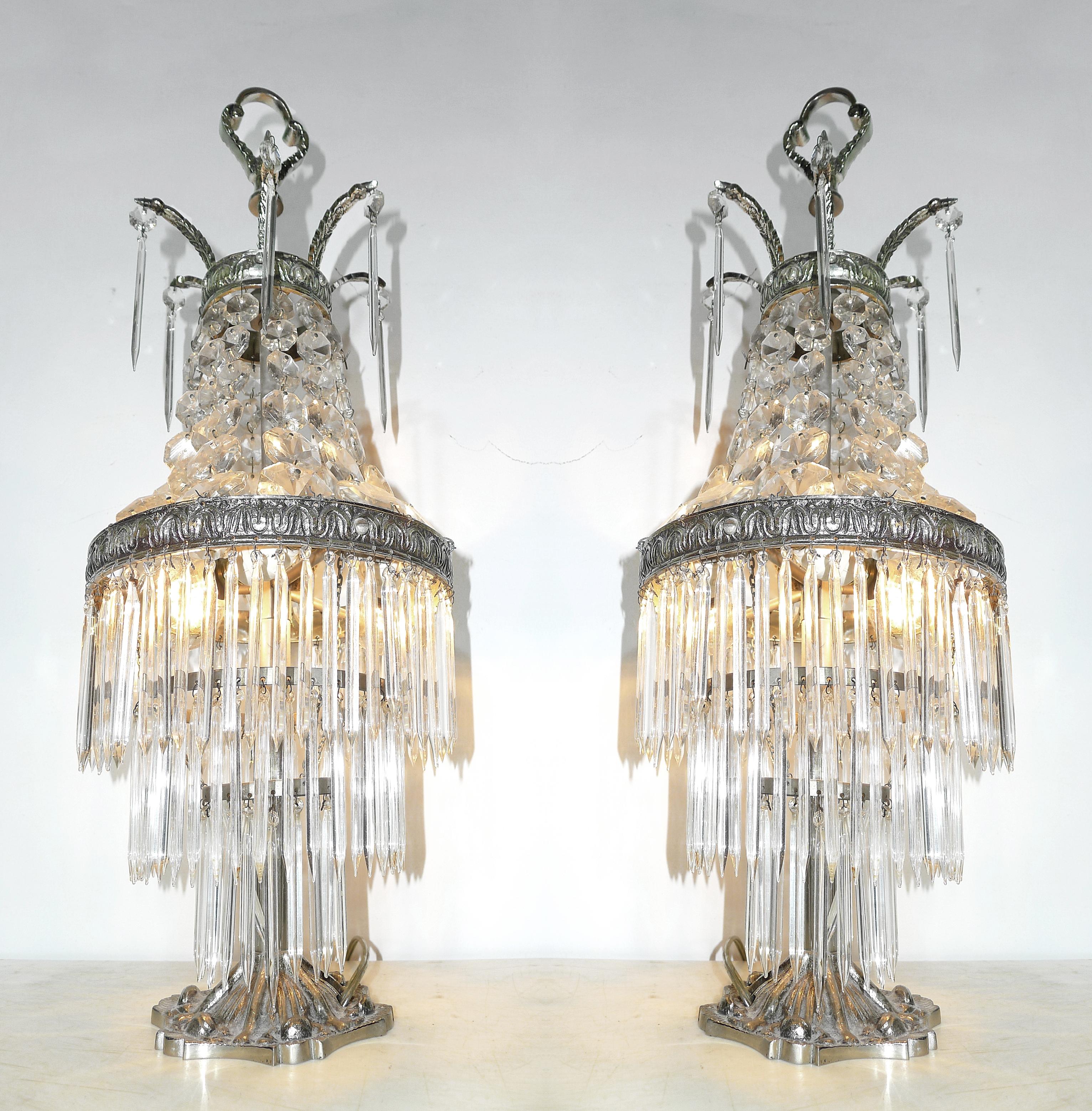 20th Century Pair of French Hollywood Regency Empire Silver Nickel & Crystal Table Lamps 1920 For Sale