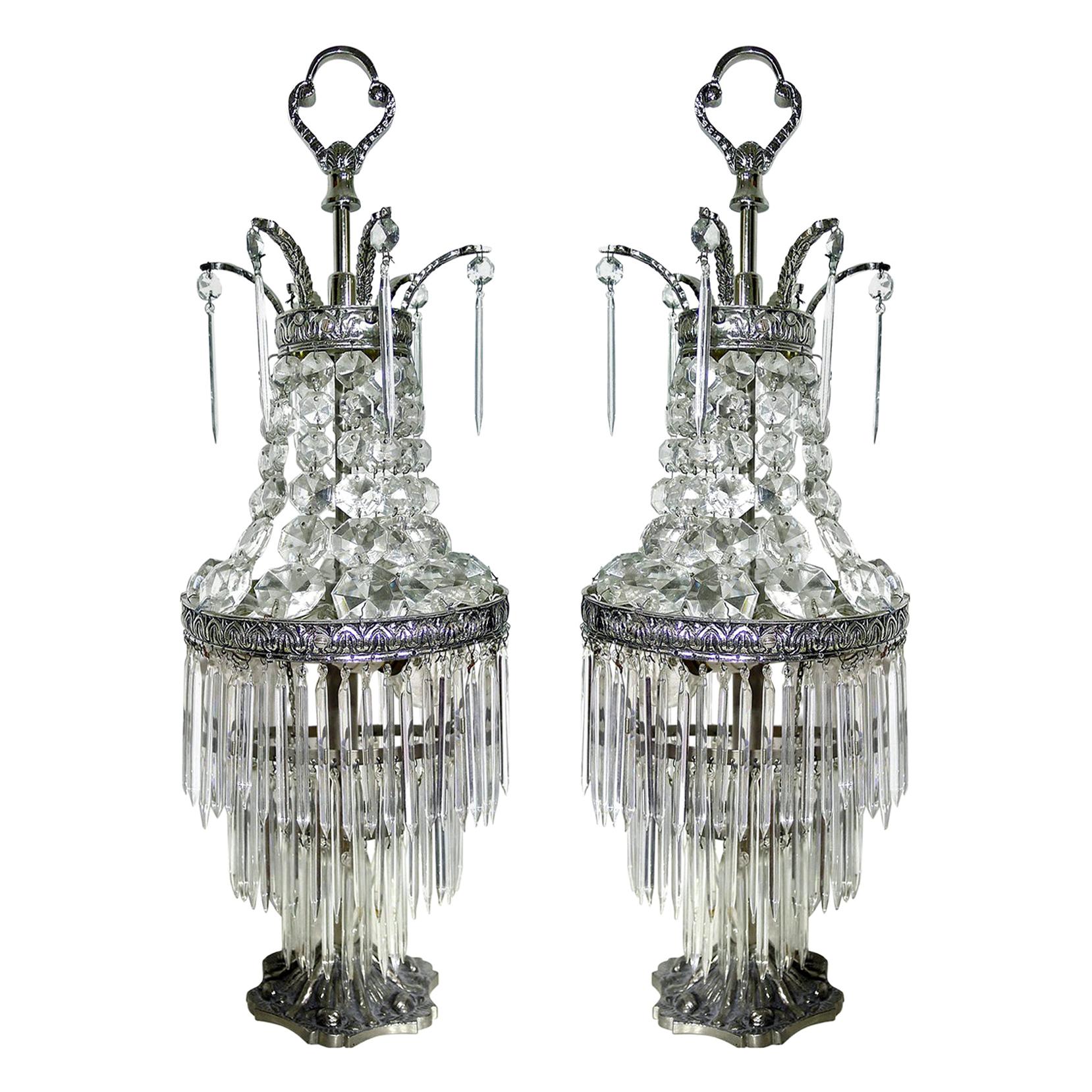 Pair of French Hollywood Regency Empire Silver Nickel & Crystal Table Lamps 1920