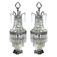Antique Pair of French Hollywood Regency Empire Silver Nickel & Crystal Table Lamps 1920