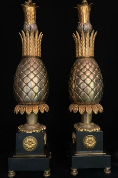 Pair of French Hollywood Regency Gilt and Patinated Bronze Pineapple Lamps