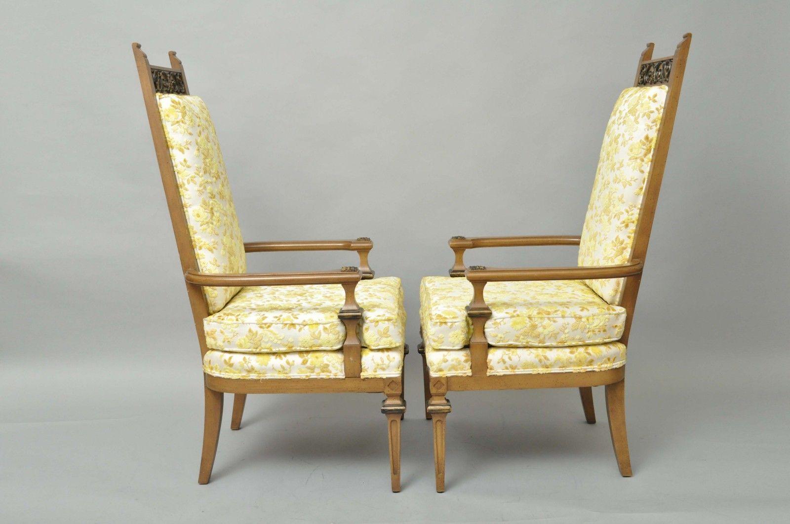 Fabric Pair of French Hollywood Regency Italian High Back Gold Fireside Lounge Chairs