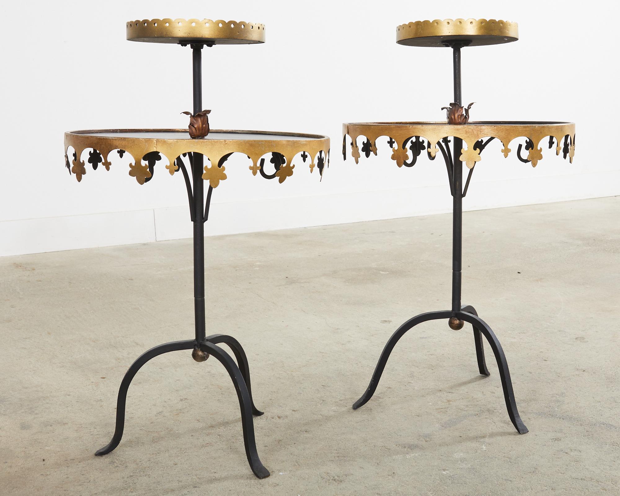 Painted Pair of French Hollywood Regency Two Tier Iron Stands