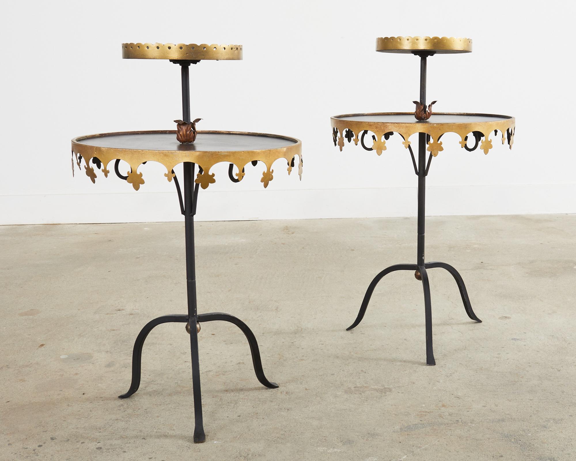Bronze Pair of French Hollywood Regency Two Tier Iron Stands