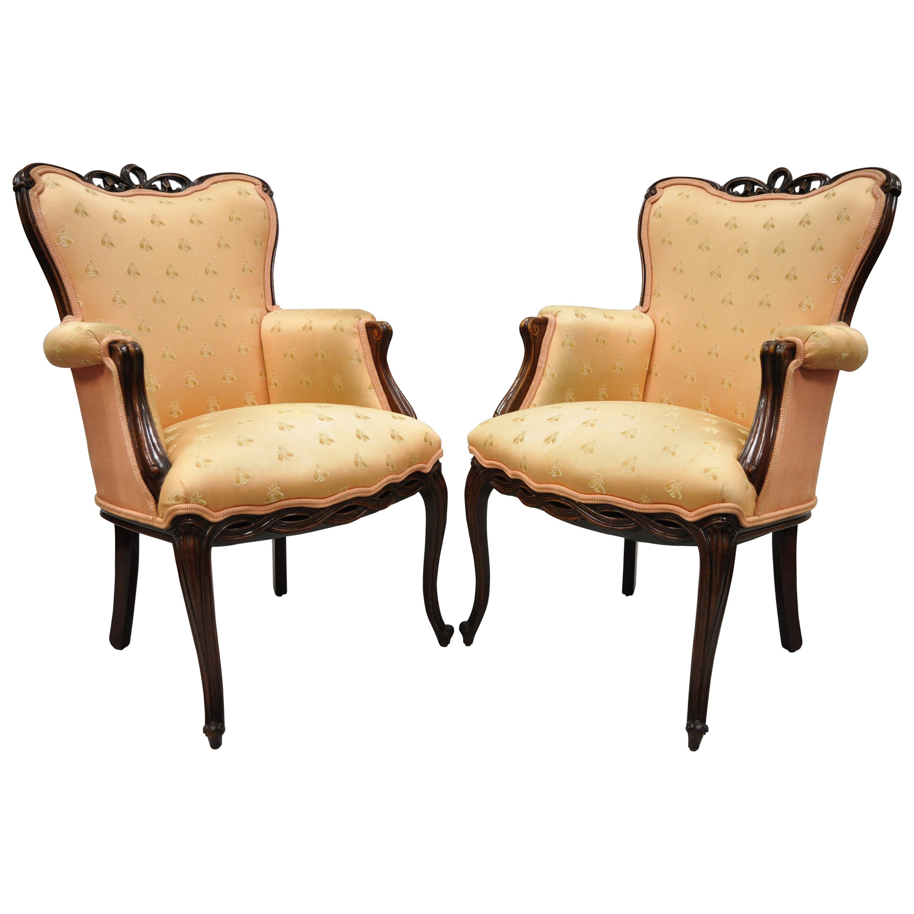 Pair of French Hollywood Regency Victorian Upholstered Fireside Lounge Armchairs