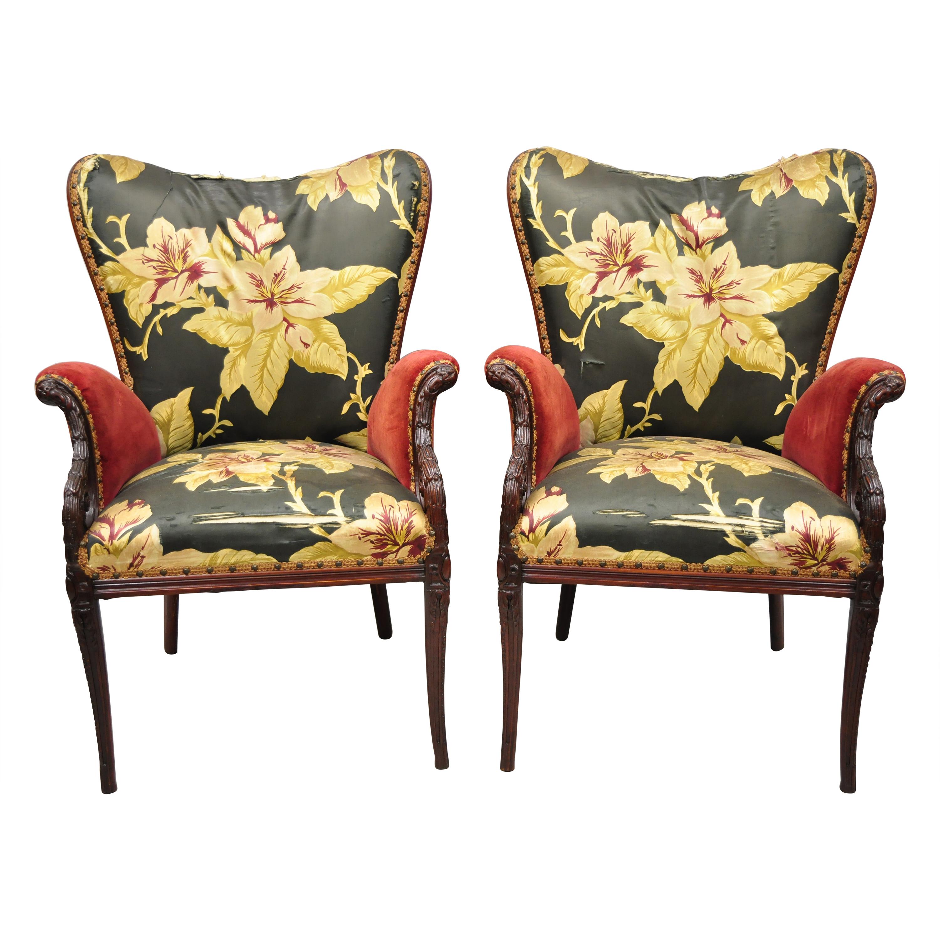 Pair of French Hollywood Regency Wingback Grosfeld House Style Lounge Armchairs