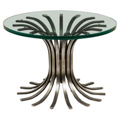 Pair of French Hourglass Form Iron Slat & Circular Glass End / Side Tables