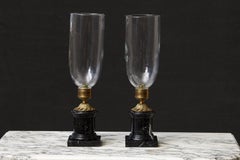 Pair of French Hurricane Candle Lamps with Brass and Marble Base