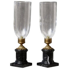 Antique Pair of French Hurricane Candle Lamps with Brass and Marble Base