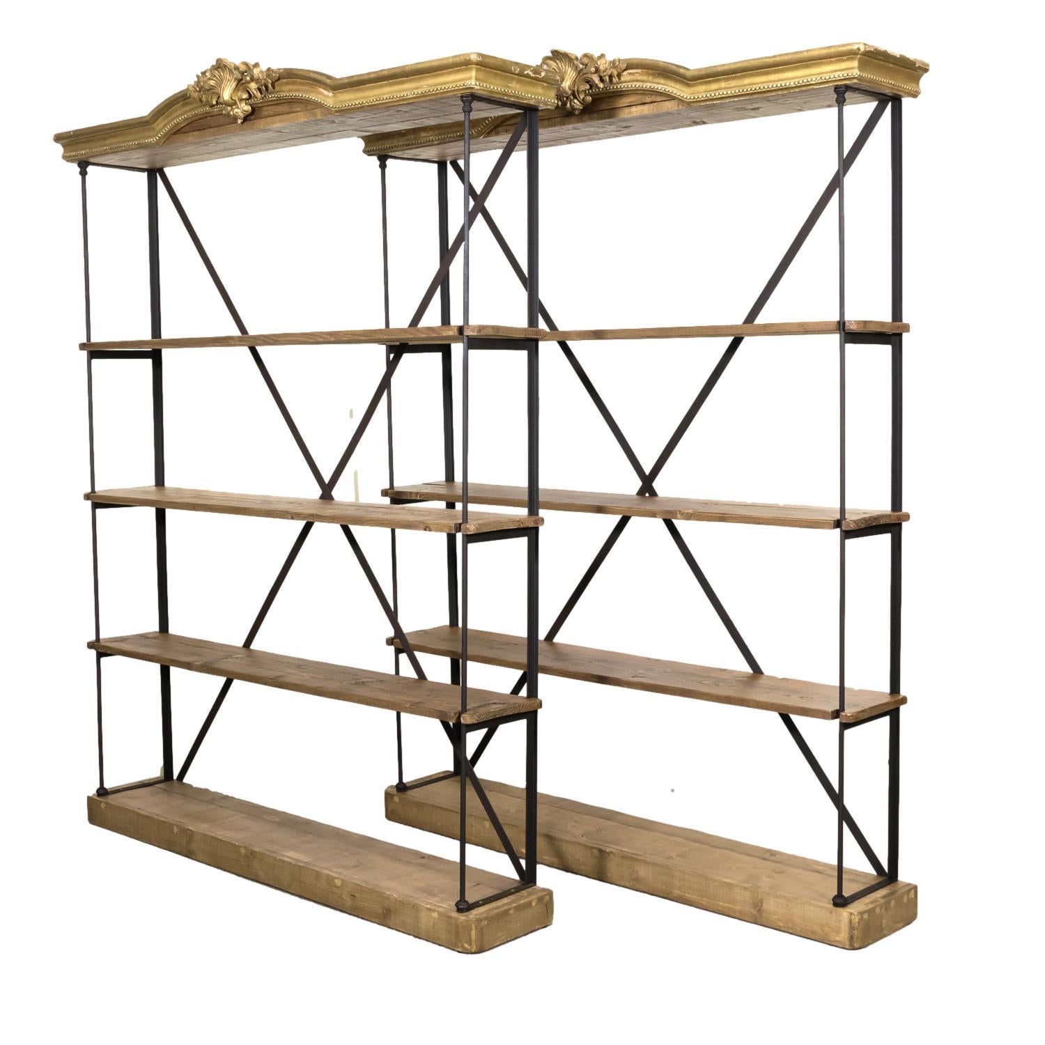 A stunning pair of tall and impressive French industrial style artist's shelves or display shelves newly handcrafted by a talented and creative French artisan we discovered in Provence that blends elements of industrial design with classic French