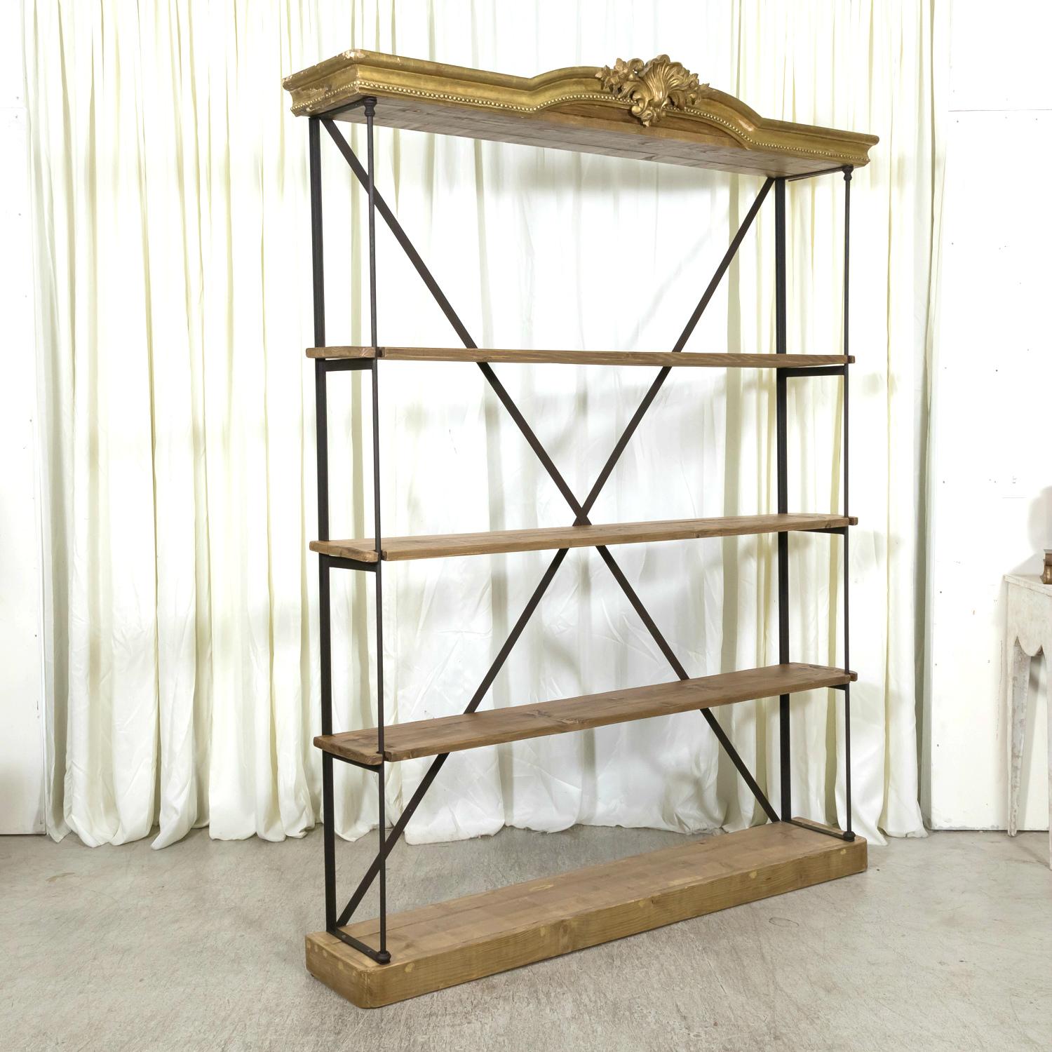 Steel Pair of French Industrial Display Shelves with 19th Century Giltwood Pelmets   For Sale