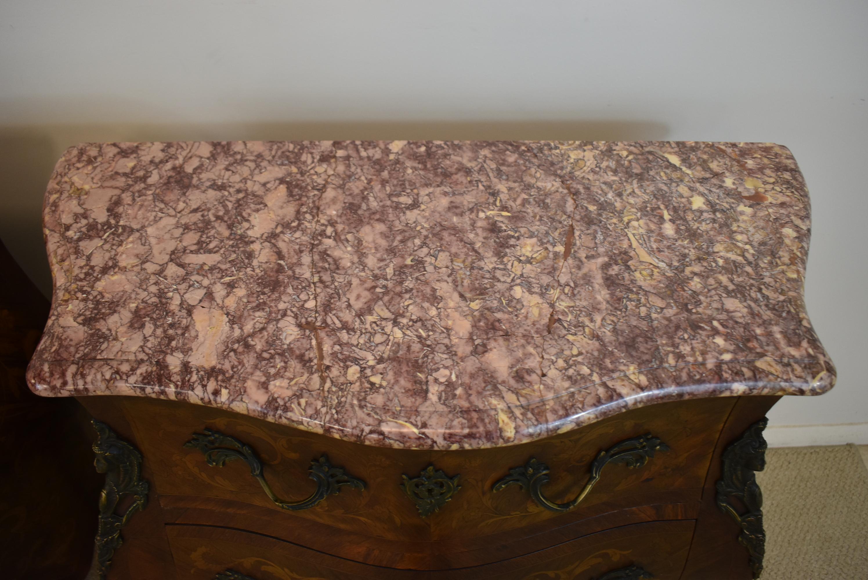 20th Century Pair of French Inlaid Commodes Marble Tops For Sale