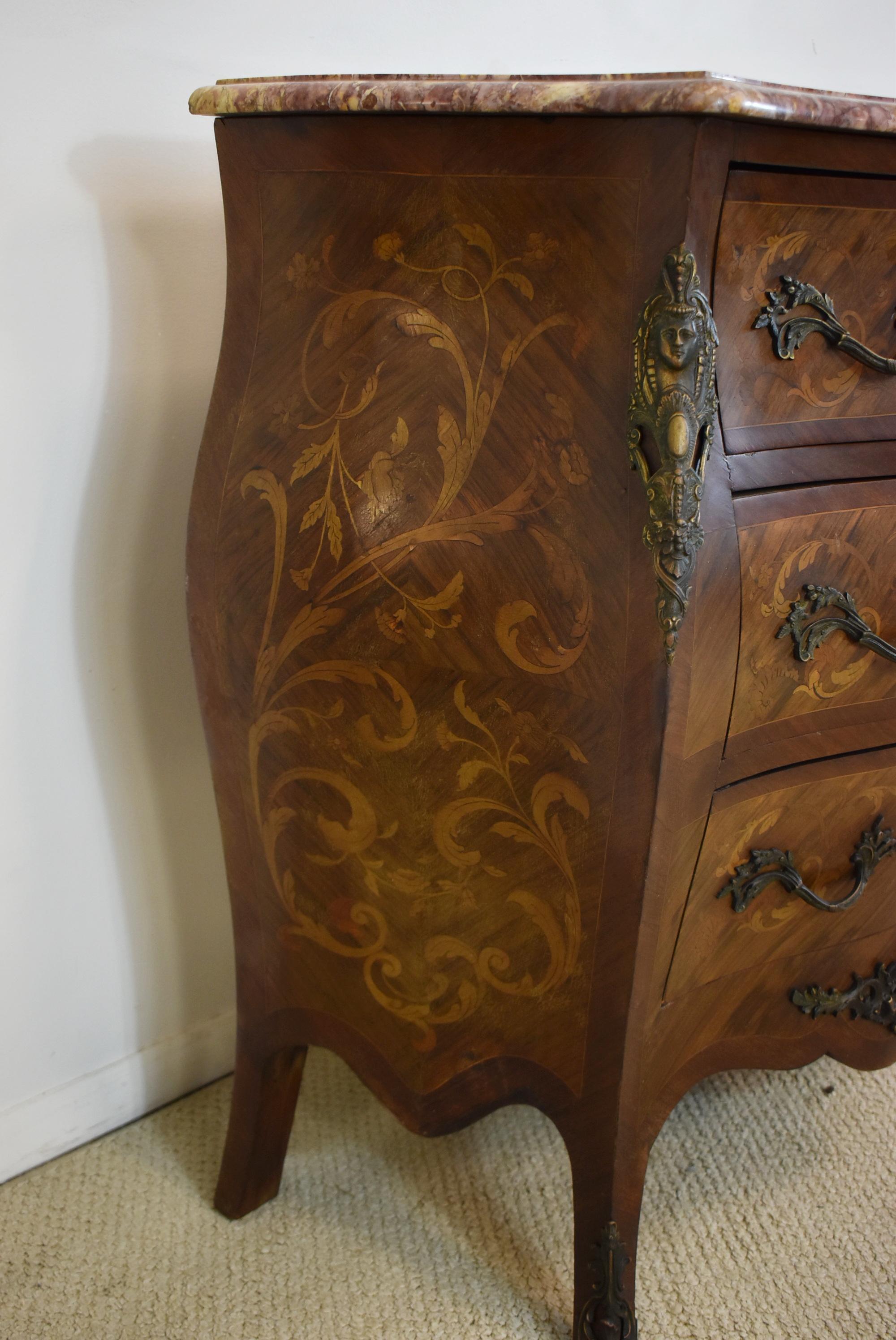 Walnut Pair of French Inlaid Commodes Marble Tops For Sale