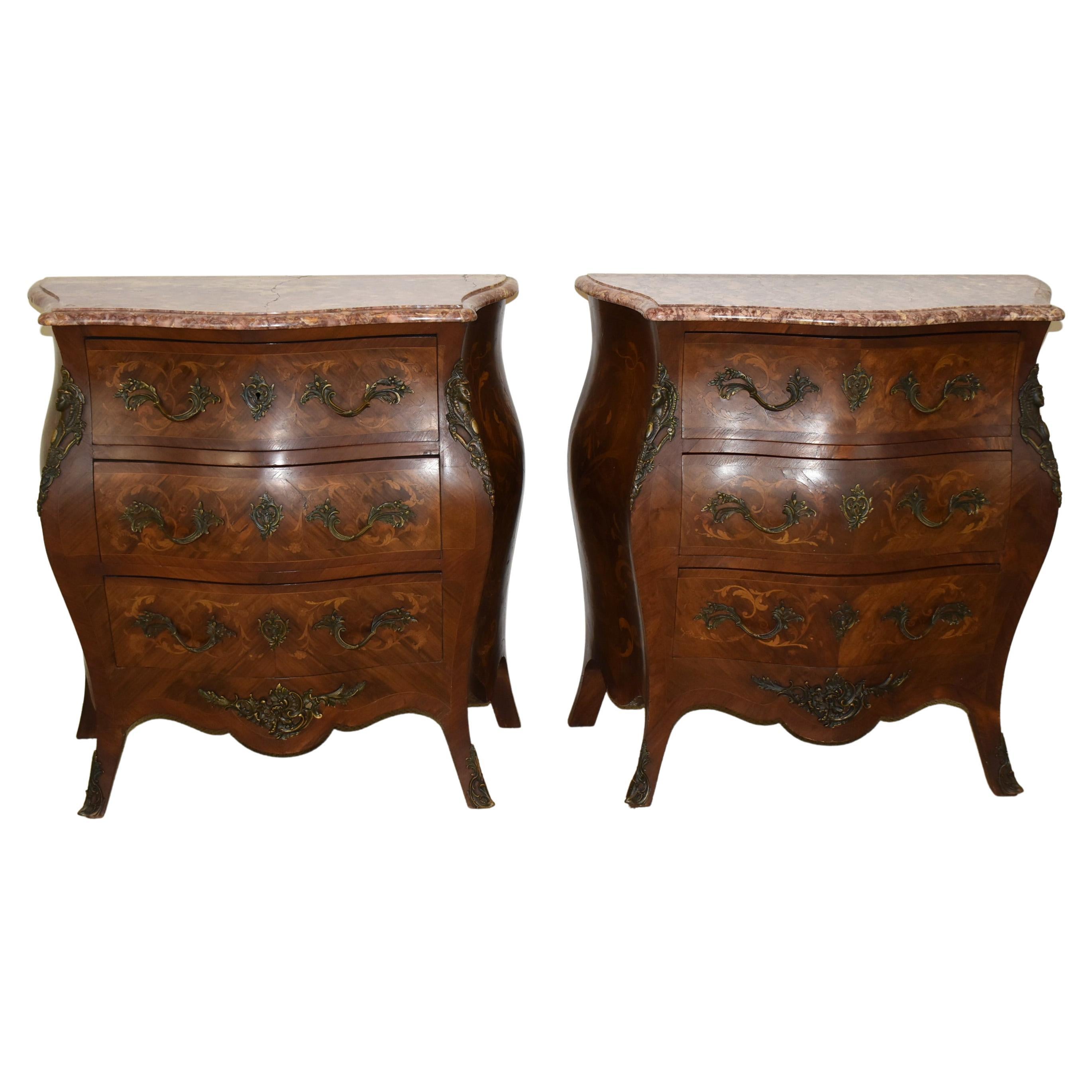 Pair of French Inlaid Commodes Marble Tops