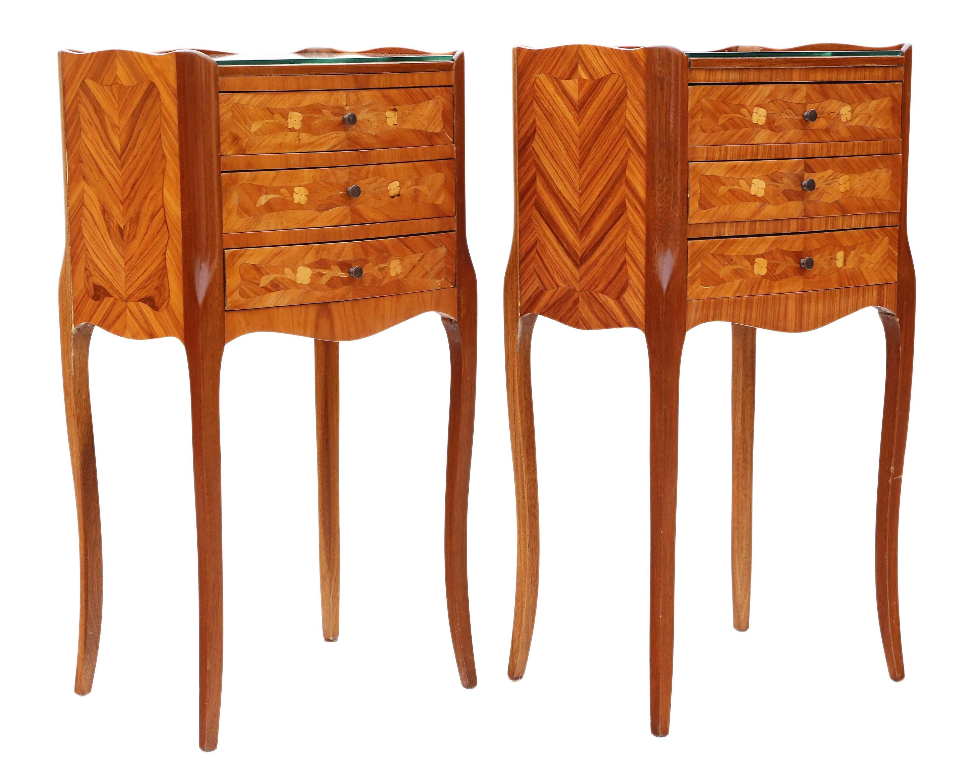 20th Century Pair of French Inlaid Marquetry Bedside Tables Cupboards