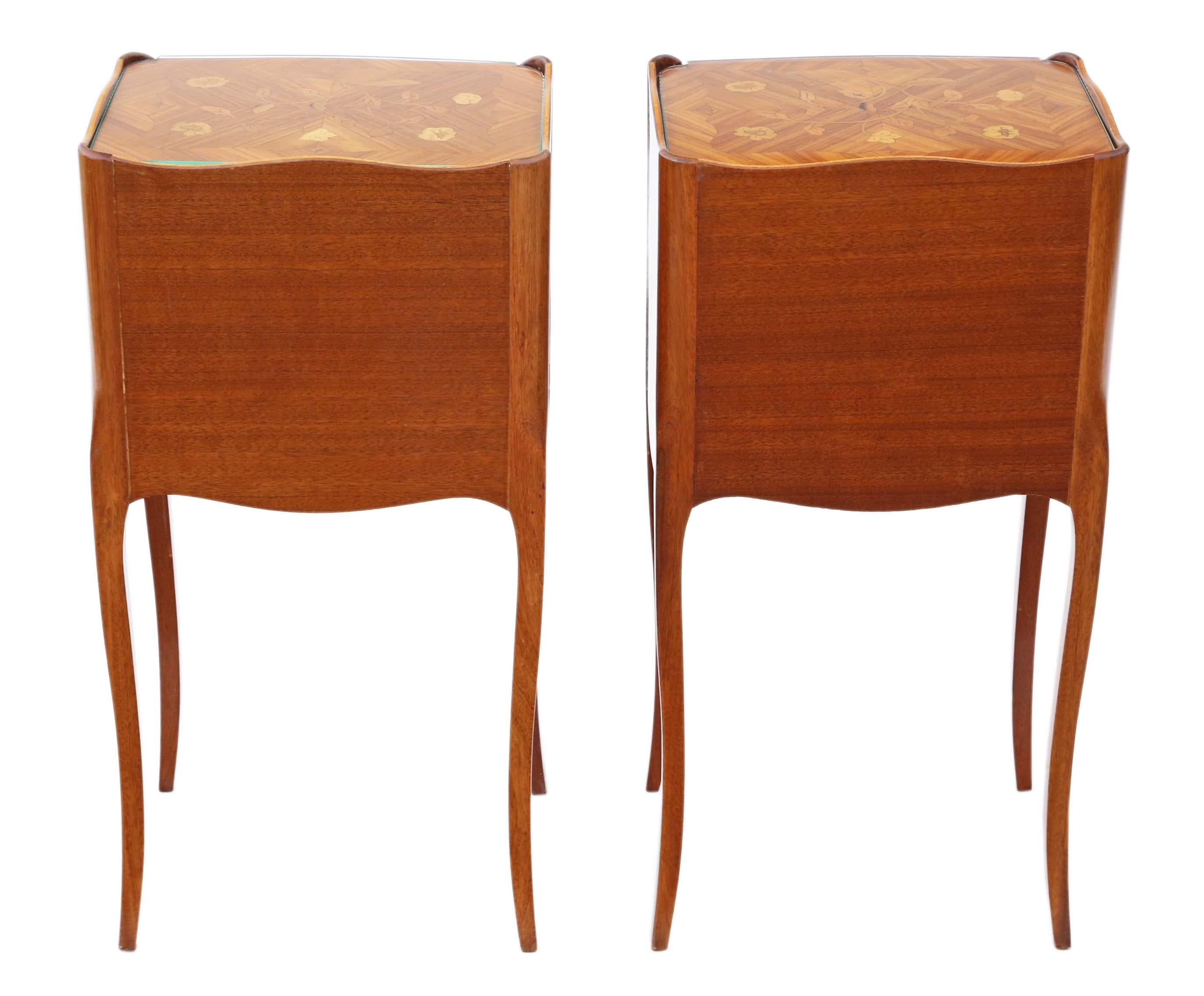 Wood Pair of French Inlaid Marquetry Bedside Tables Cupboards
