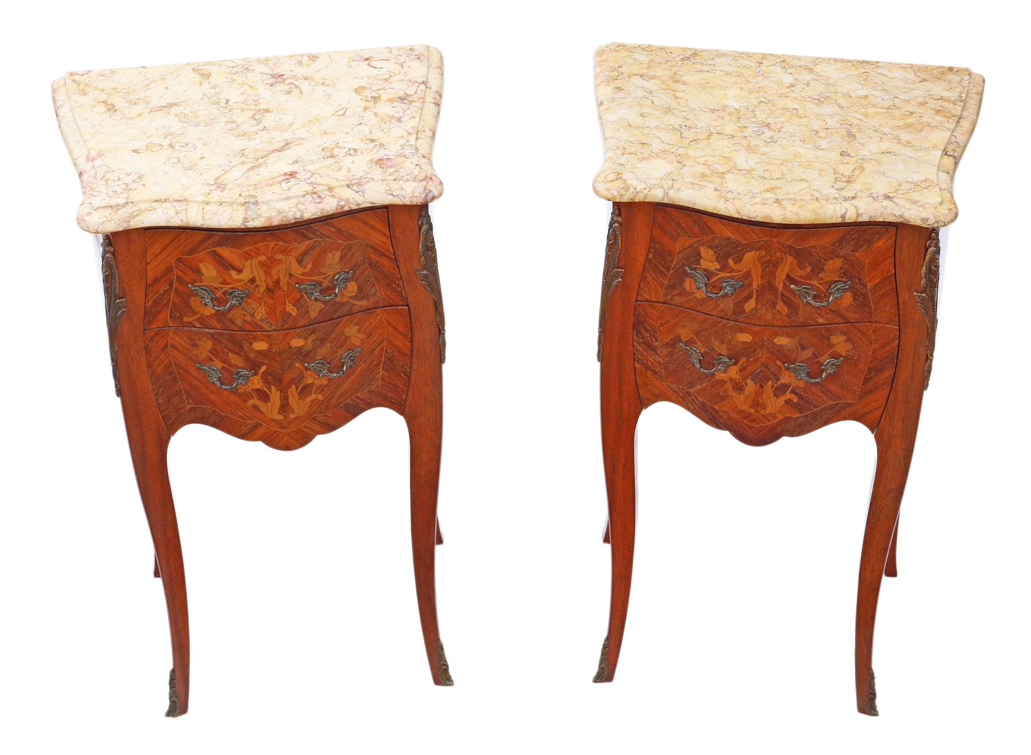 Antique quality pair of French inlaid marquetry bow front bedside tables cupboards, circa 1910-1920. Loose marble tops (as is usual).
No loose joints and no woodworm. Full of age, character and charm. Attractive marquetry inlays and brass ormolu