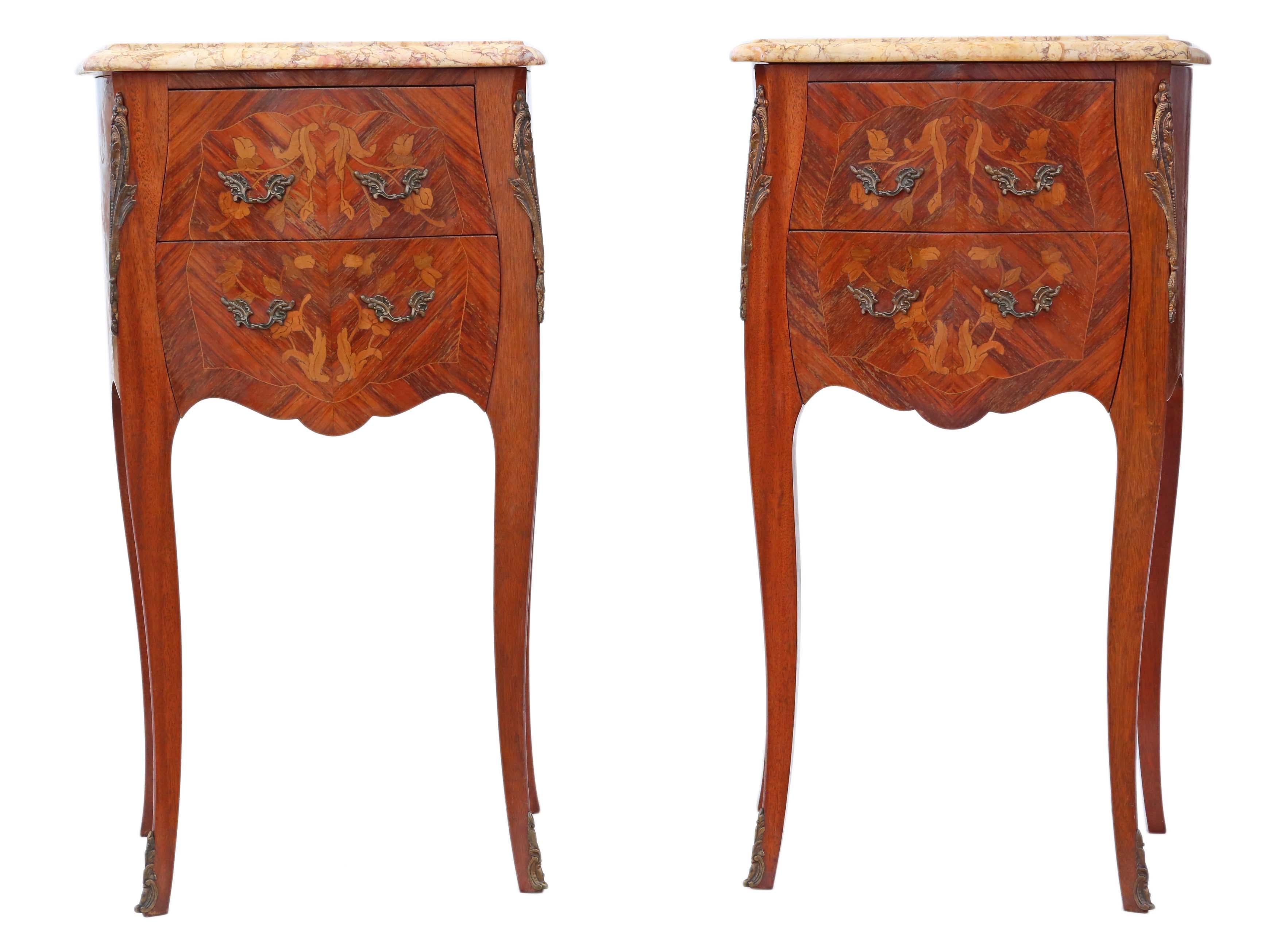 Pair of French Inlaid Marquetry Marble Bedside Tables In Good Condition In Wisbech, Cambridgeshire