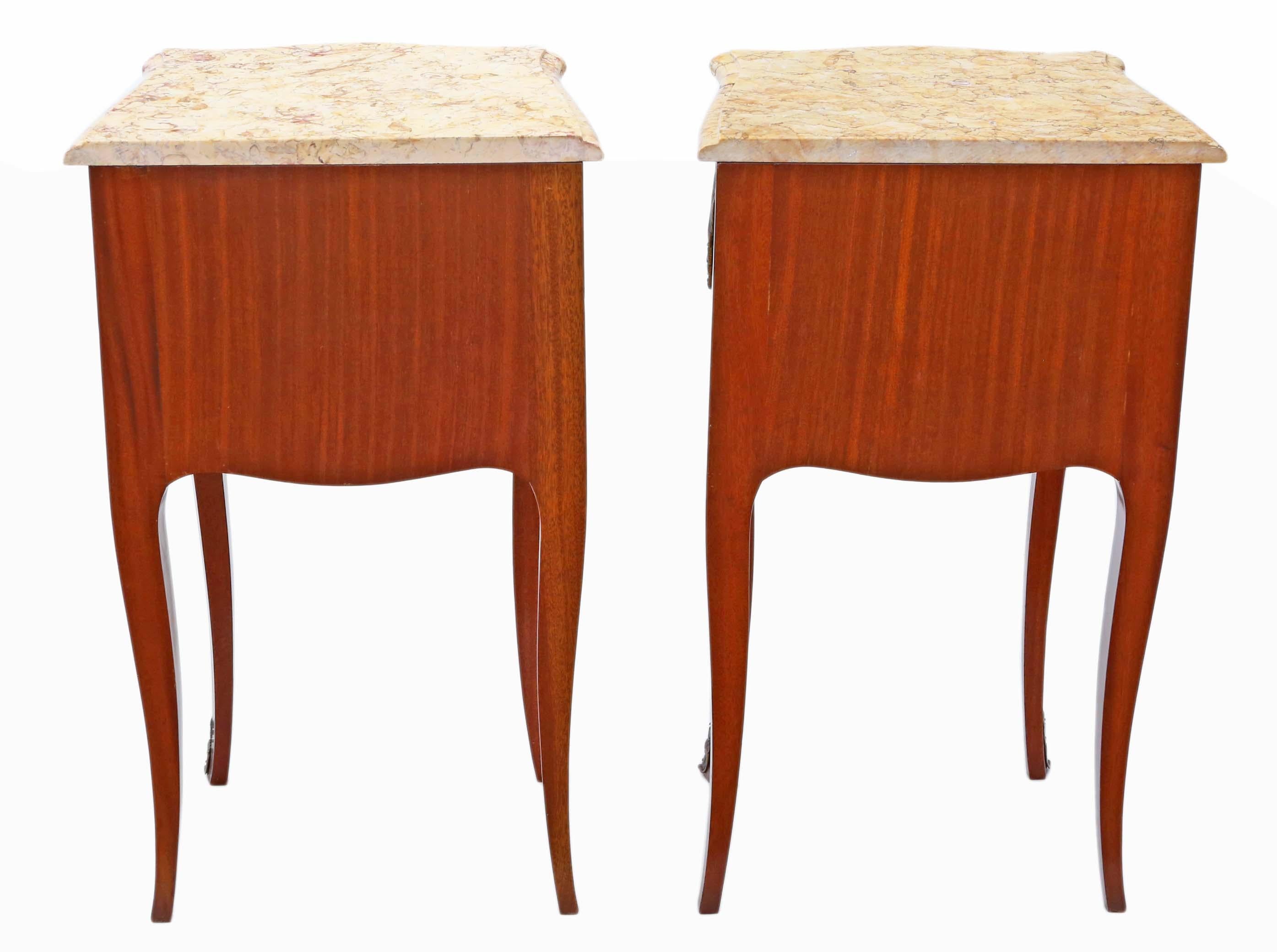 Early 20th Century Pair of French Inlaid Marquetry Marble Bedside Tables