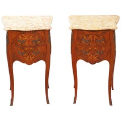 Pair of French Inlaid Marquetry Marble Bedside Tables