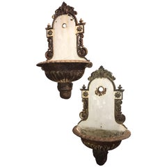 Pair of French Iron and Porcelain Enameled Lavabos with Scrolled Decoration