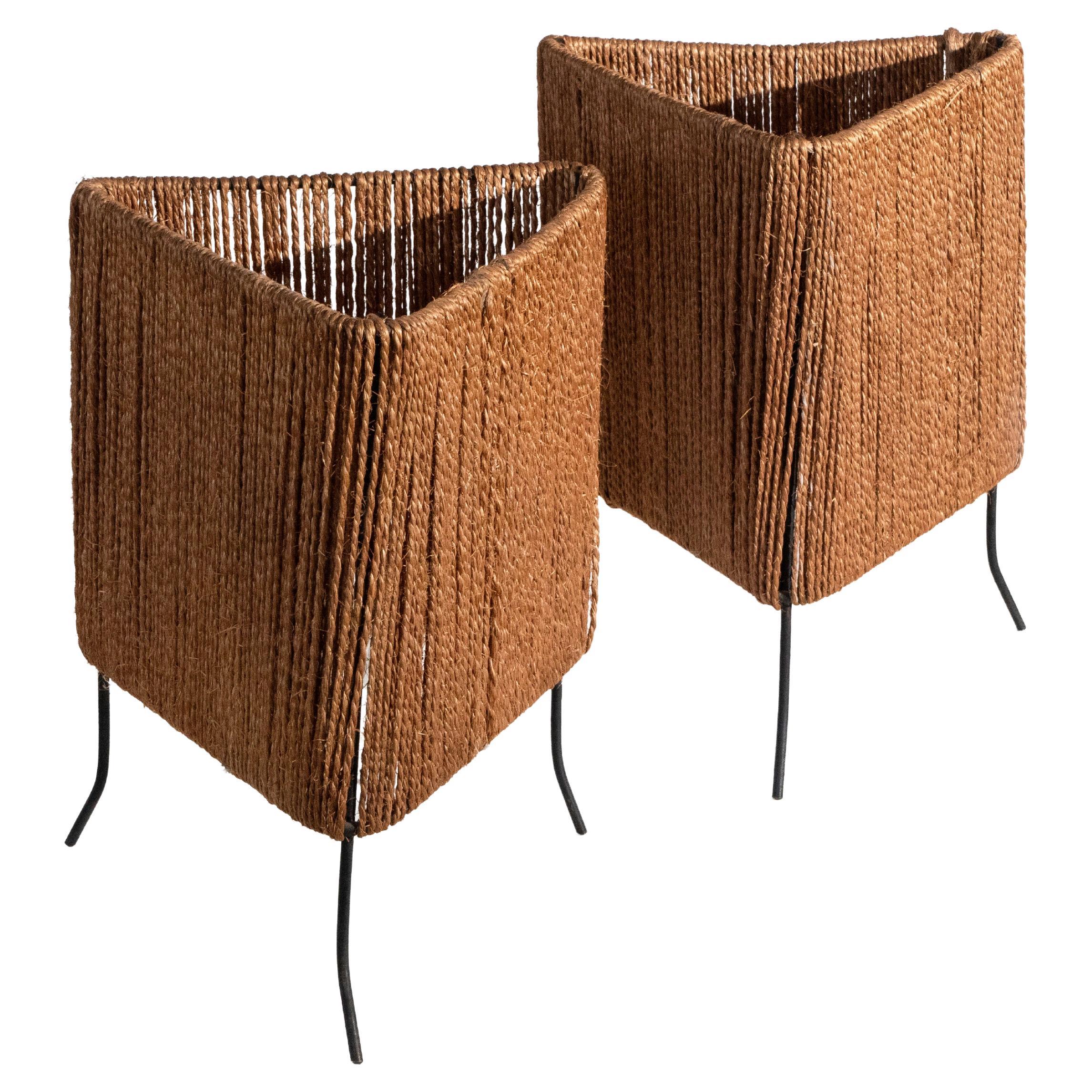 Paire de lampes de table en fer et corde, années 1950