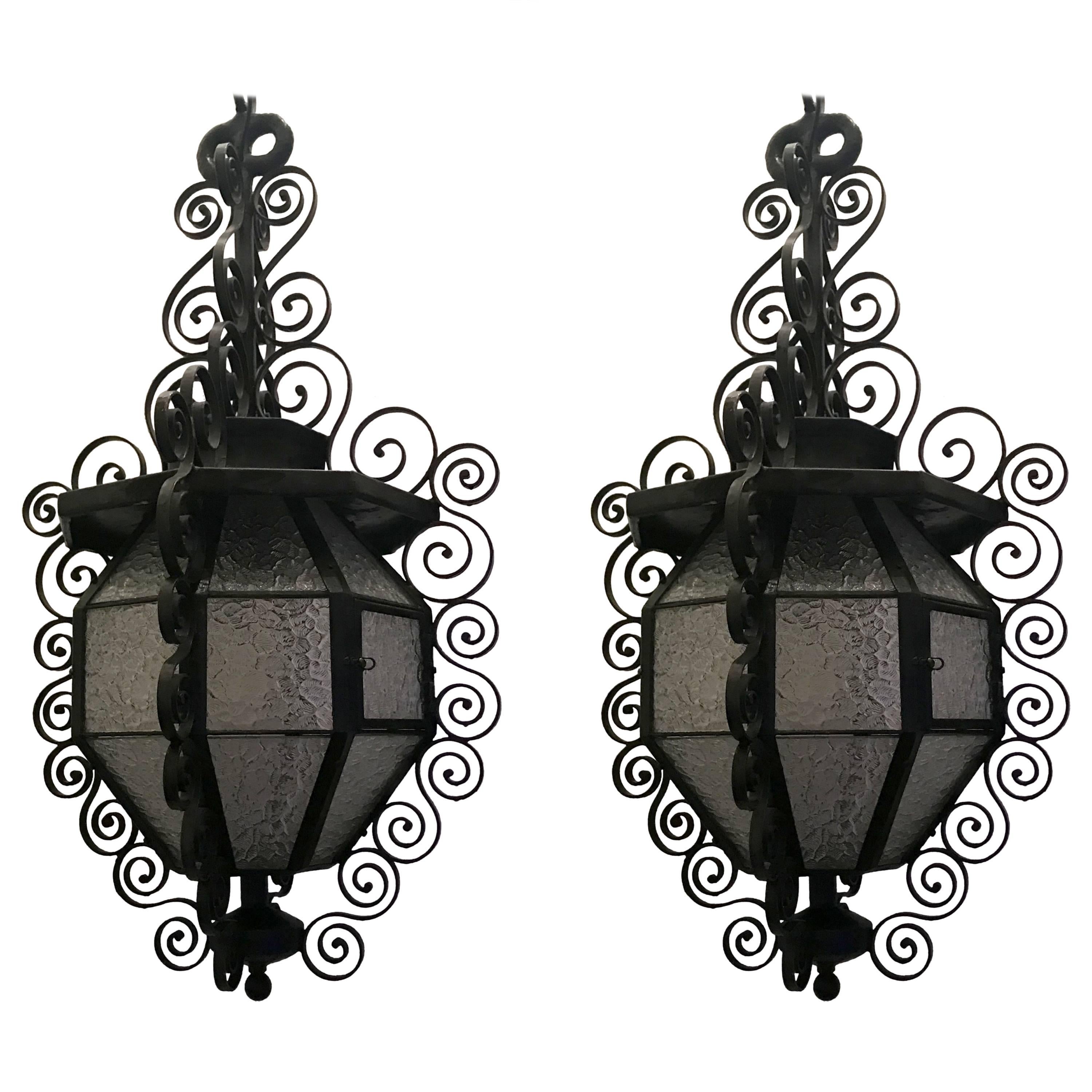 Pair of French Iron Art Nouveau Glass Panel Lantern Pendent Light Fixture For Sale