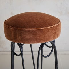 Pair of French Iron Bar Stools in Brown Velvet, 1940s