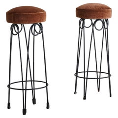 Pair of French Iron Bar Stools in Brown Velvet, 1940s