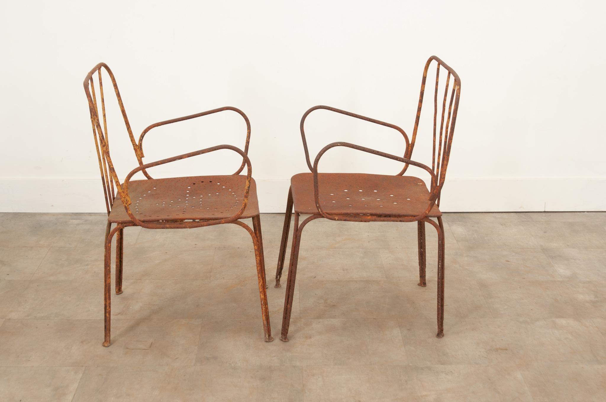 Metal Pair of French Iron Bistro Chairs For Sale