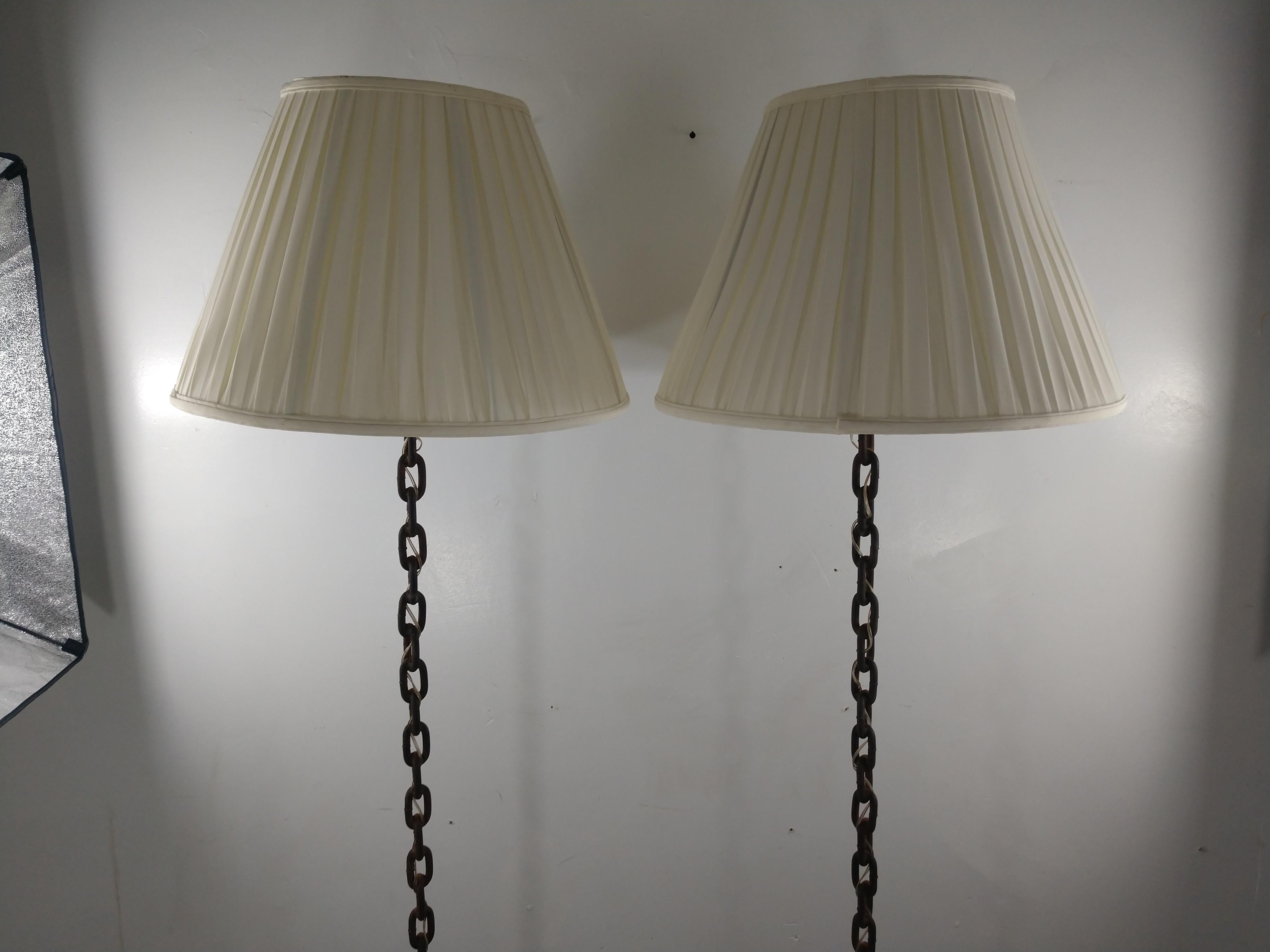 Welded Pair of Brutalist French Iron Chain Rope Floor Lamps Midcentury