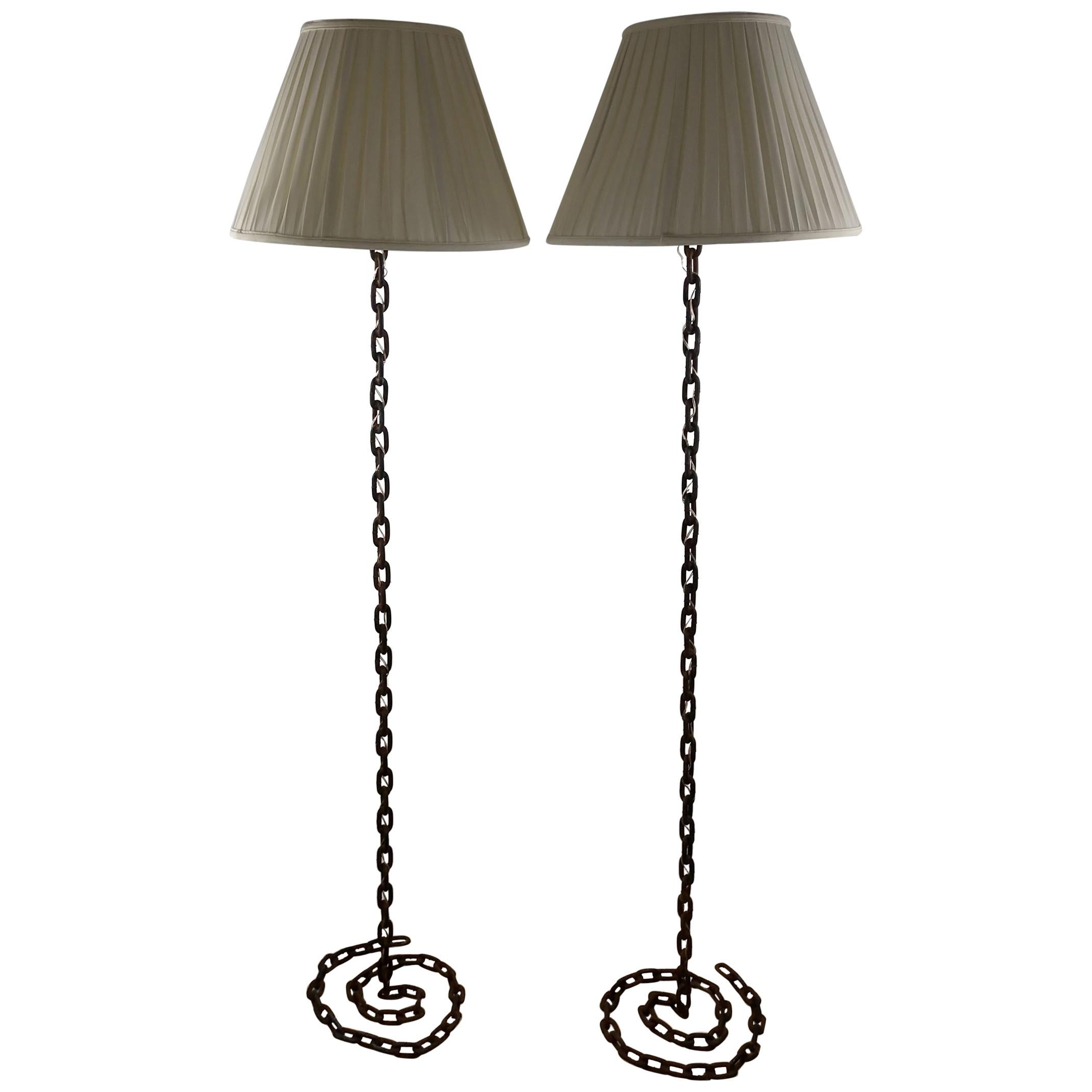 Pair of Brutalist French Iron Chain Rope Floor Lamps Midcentury